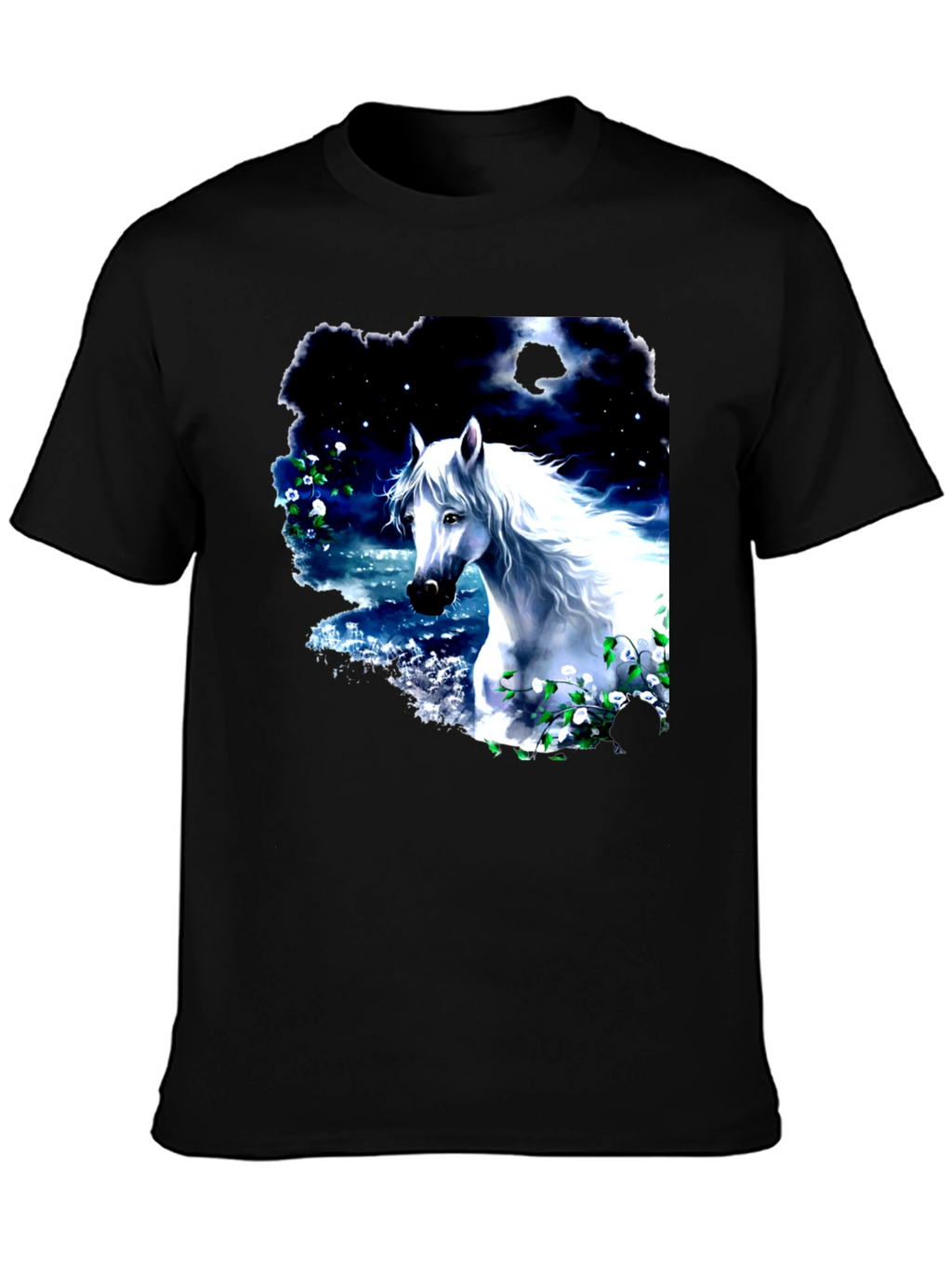 Majestic White Horse Graphic Tee - Black Cotton