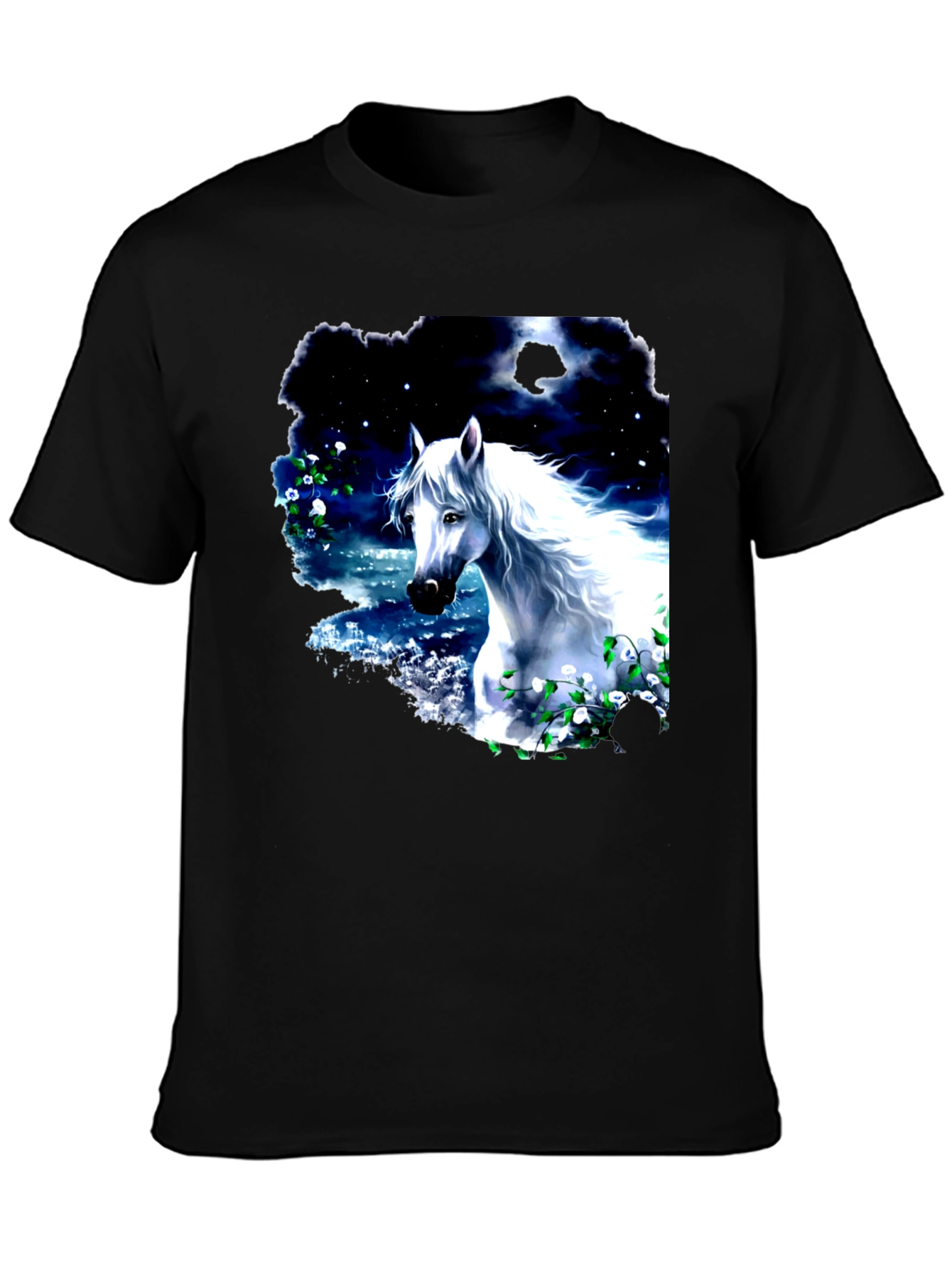 Majestic White Horse Graphic Tee - Black Cotton