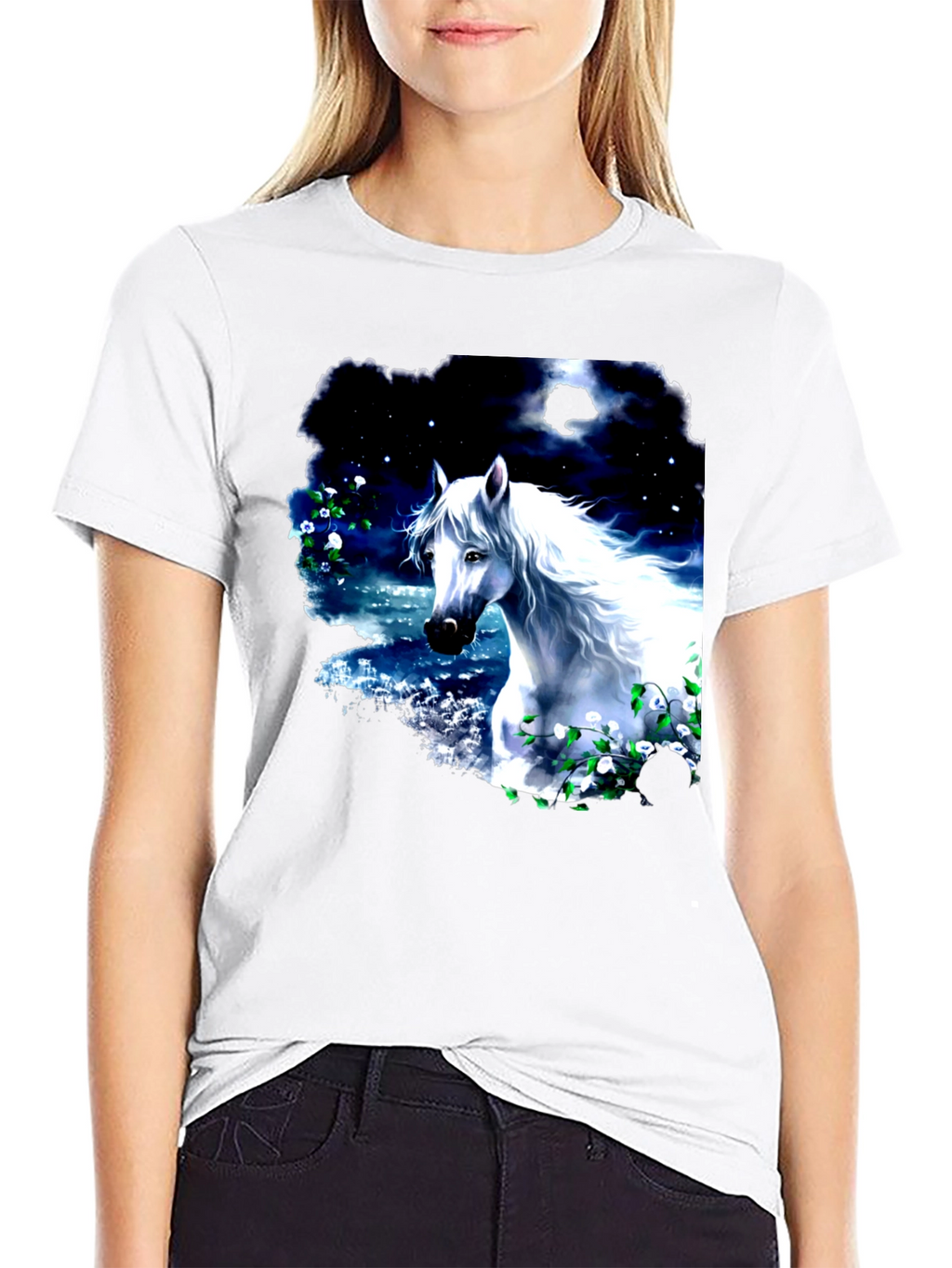 Majestic White Horse Graphic Tee - Black Cotton