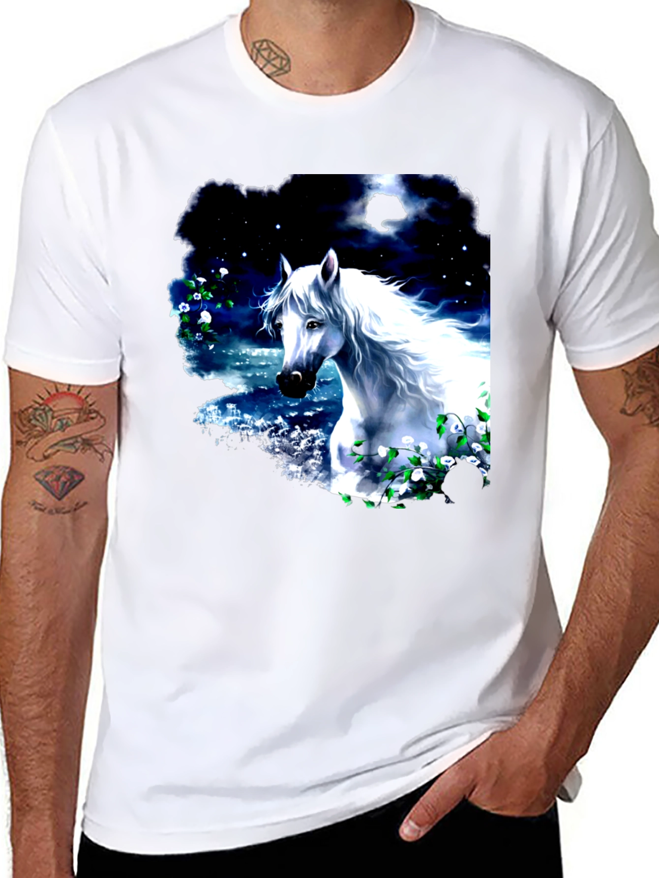 Majestic White Horse Graphic Tee - Black Cotton