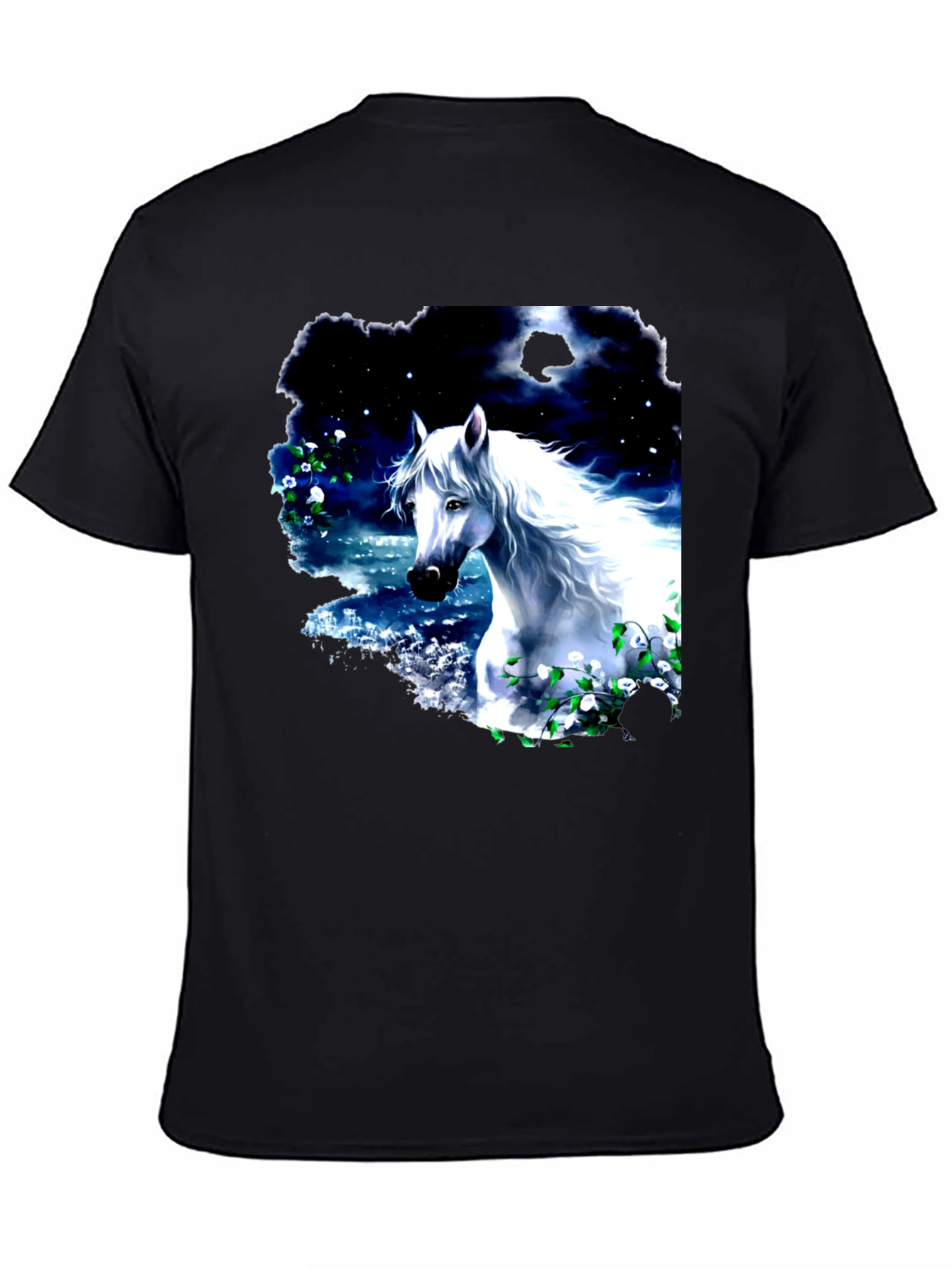 Majestic White Horse Graphic Tee - Black Cotton