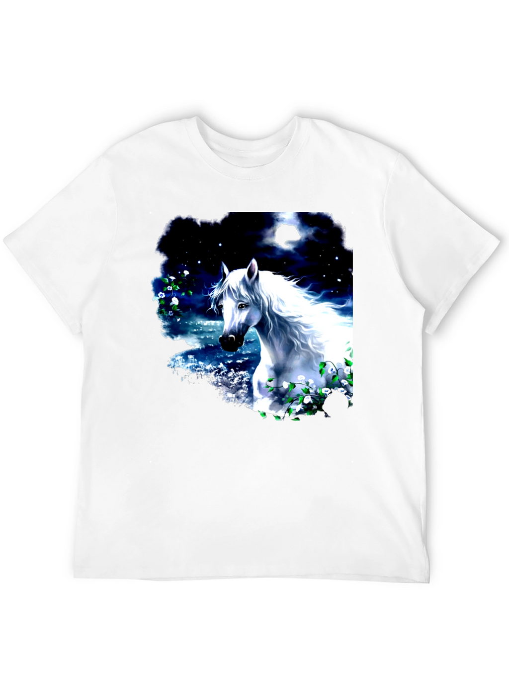 Majestic White Horse Graphic Tee - Black Cotton