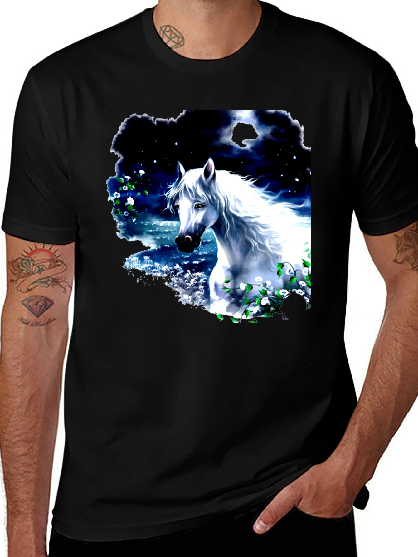 Majestic White Horse Graphic Tee - Black Cotton