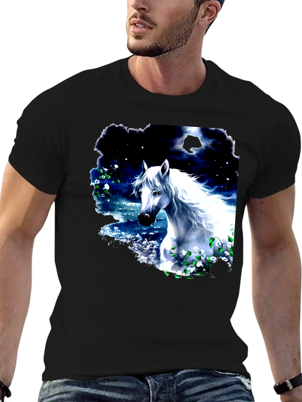 Majestic White Horse Graphic Tee - Black Cotton