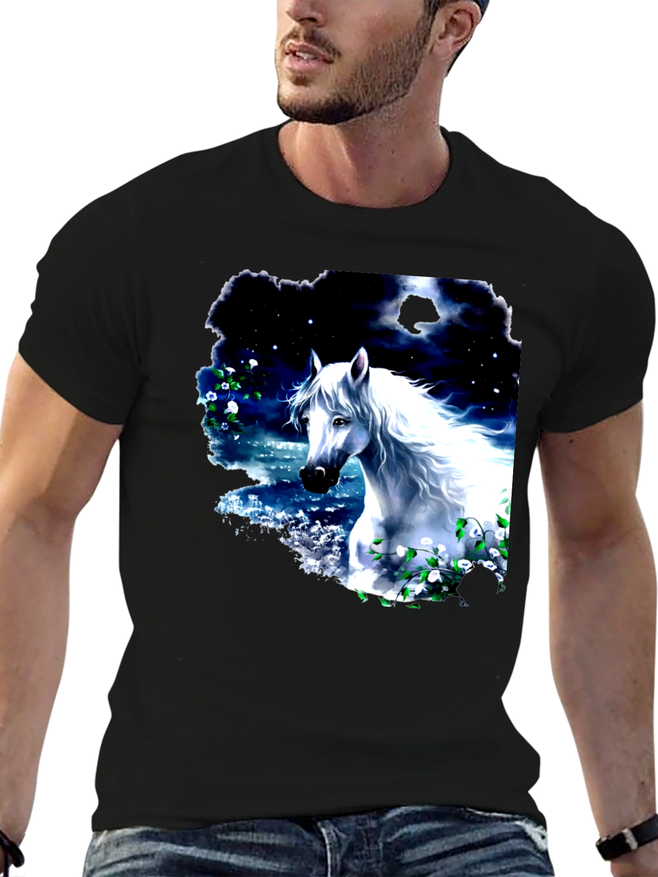 Majestic White Horse Graphic Tee - Black Cotton