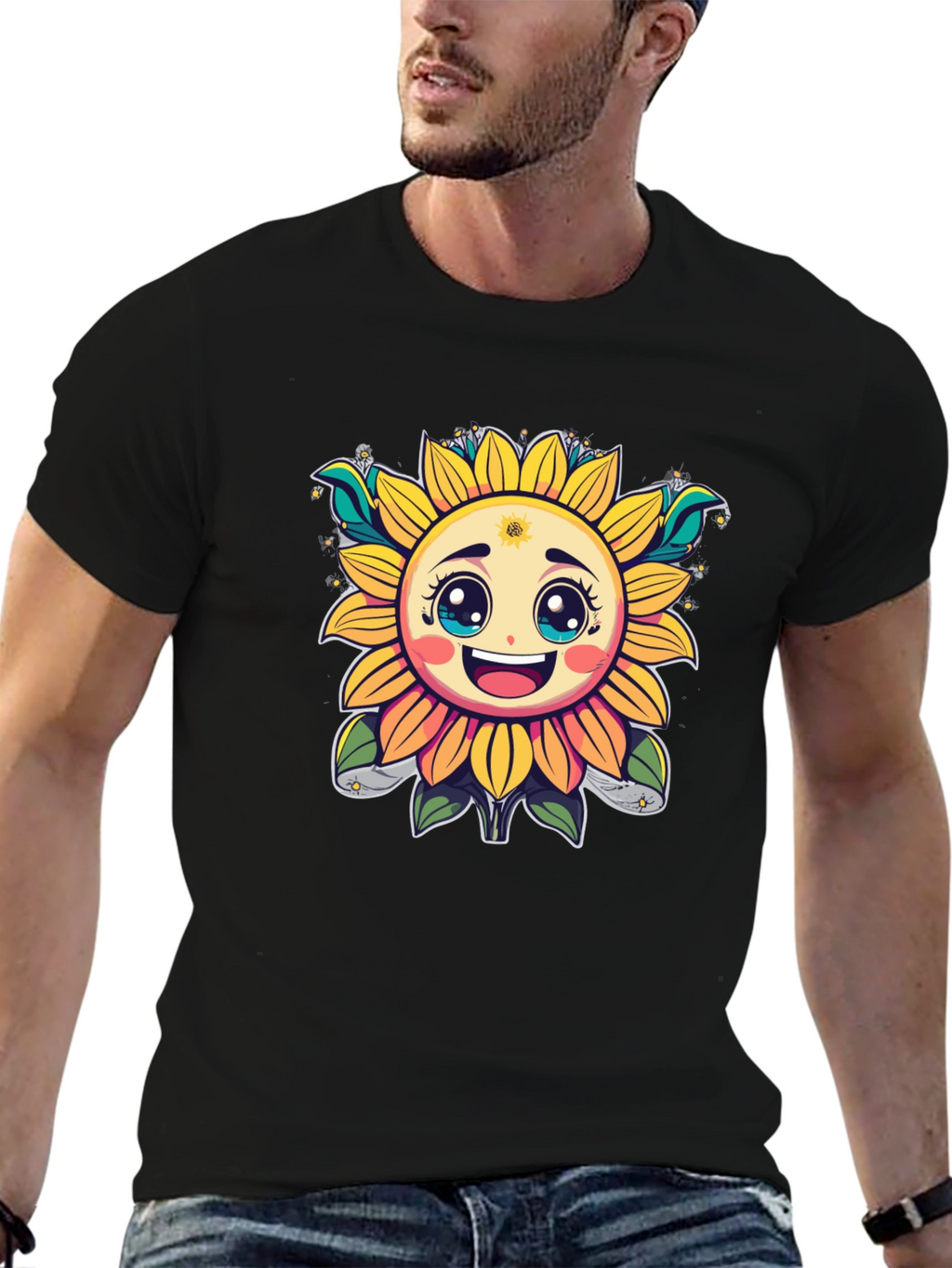 Happy Sunflower Graphic T-Shirt - Cheerful Black Tee