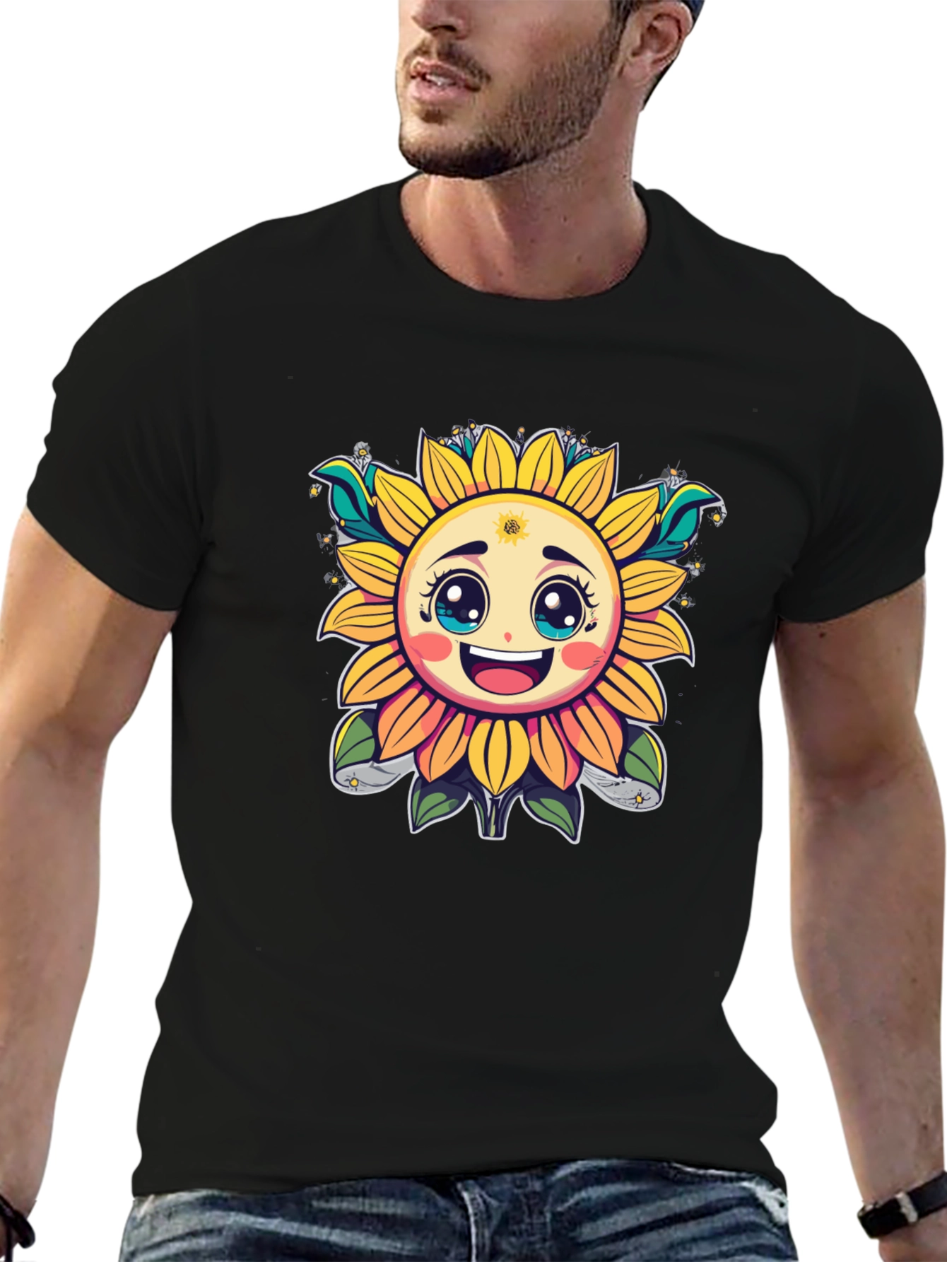 Happy Sunflower Graphic T-Shirt - Cheerful Black Tee
