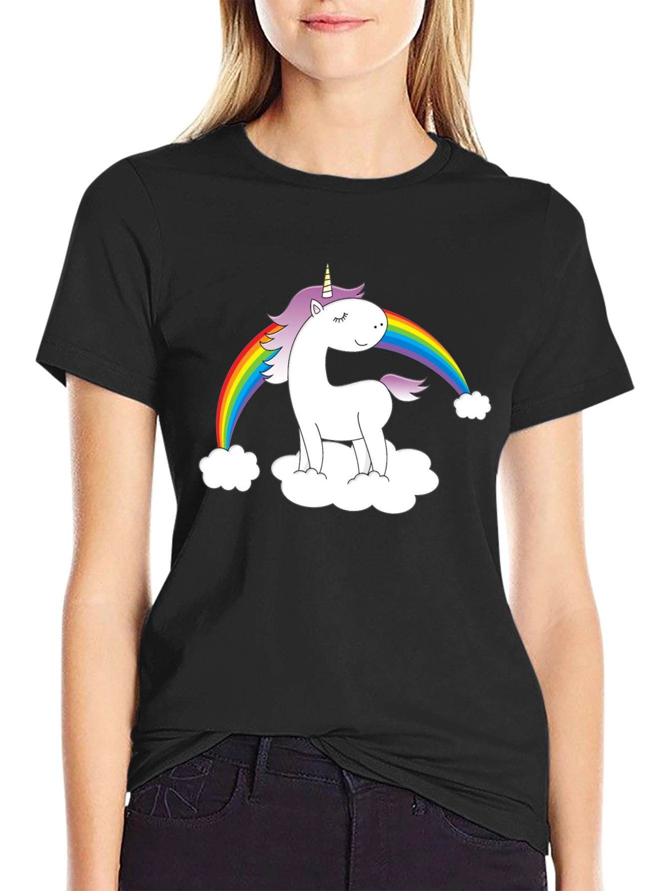 Unicorn Rainbow Graphic Tee - Black Cotton Shirt