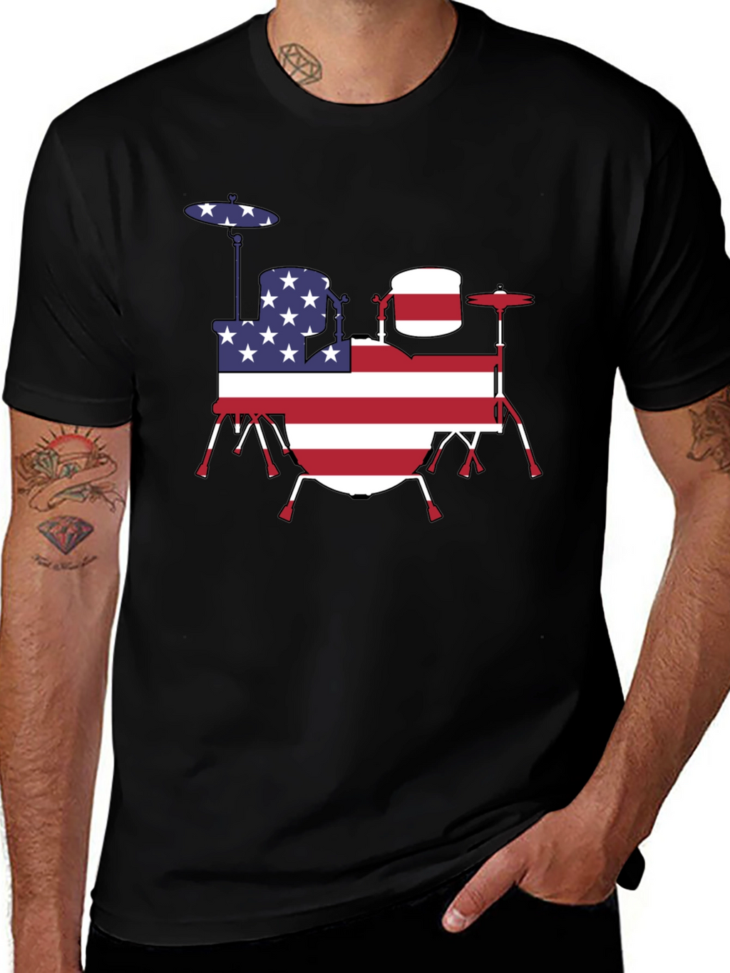 Patriotic Drum Kit T-Shirt - USA Flag Design