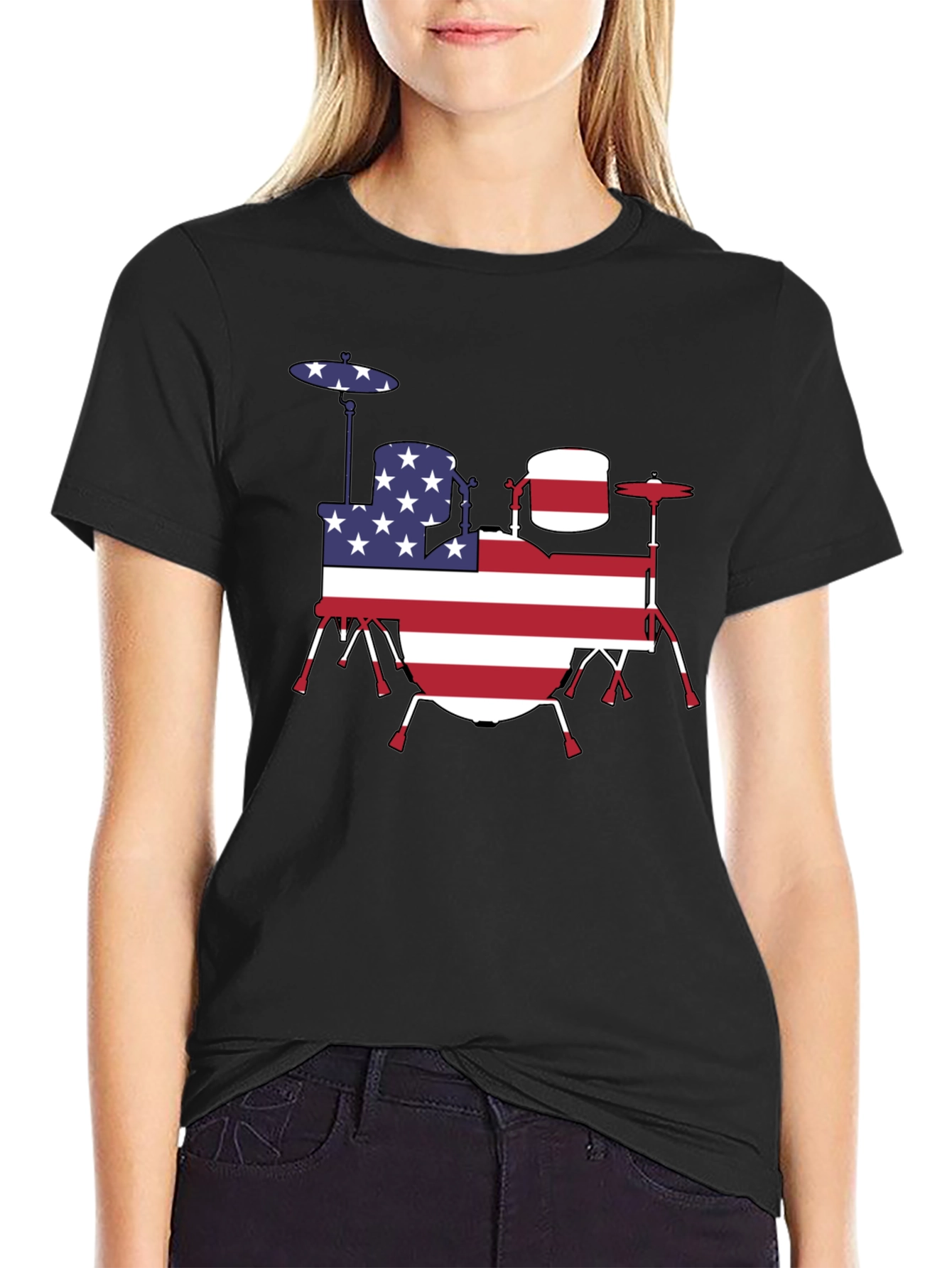Patriotic Drum Kit T-Shirt - USA Flag Design