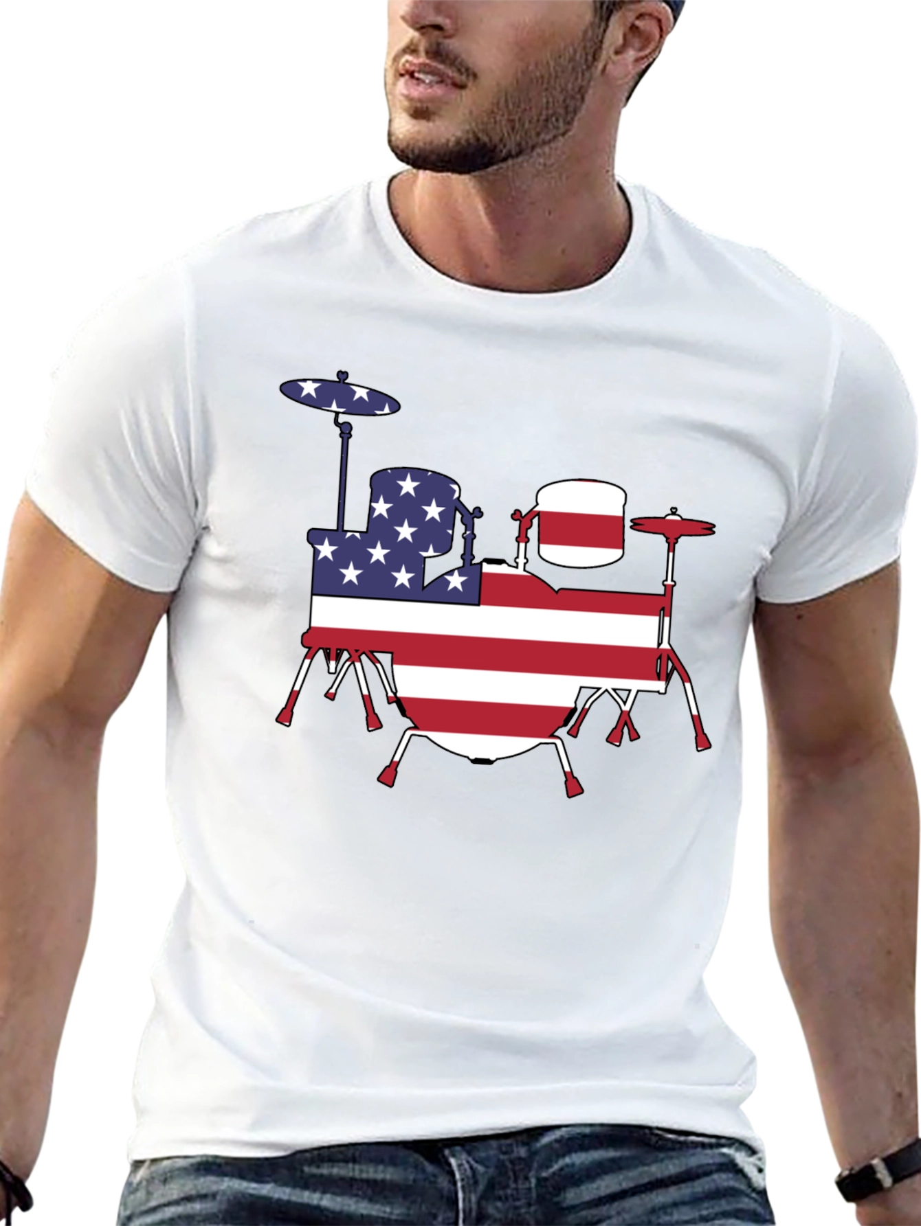 Patriotic Drum Kit T-Shirt - USA Flag Design