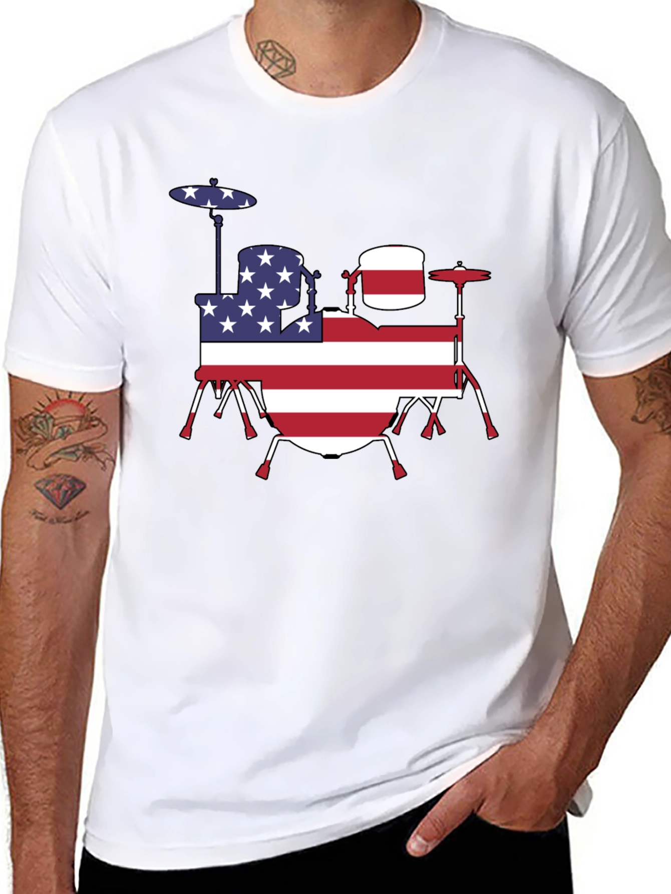Patriotic Drum Kit T-Shirt - USA Flag Design