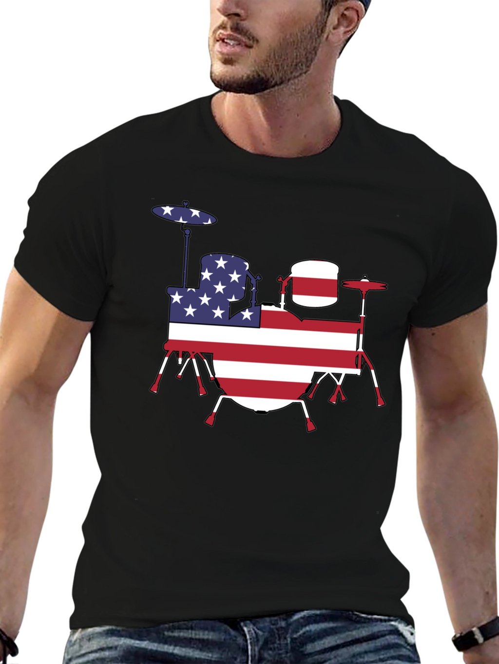 Patriotic Drum Kit T-Shirt - USA Flag Design