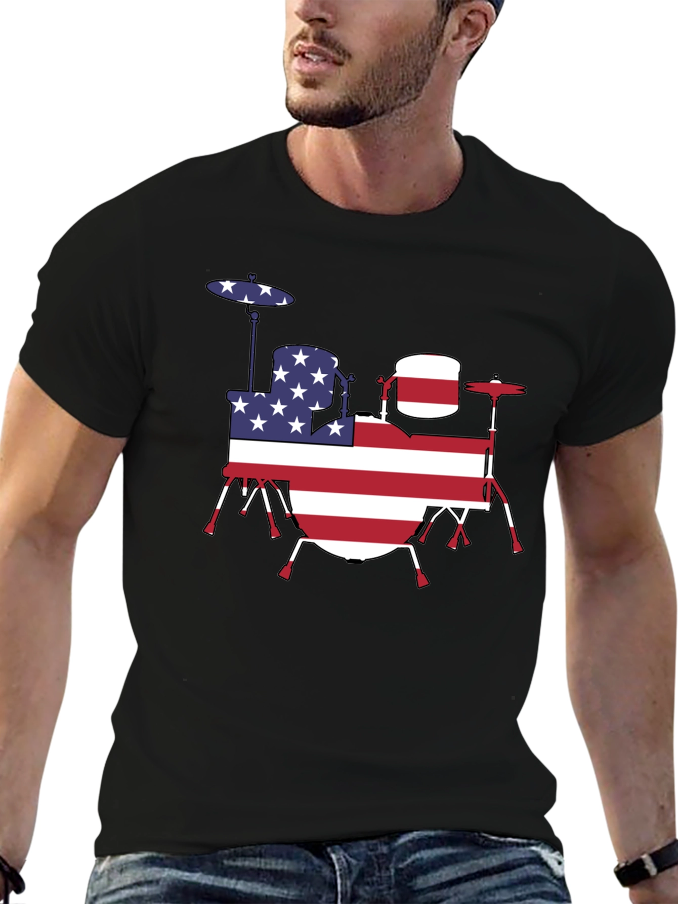 Patriotic Drum Kit T-Shirt - USA Flag Design