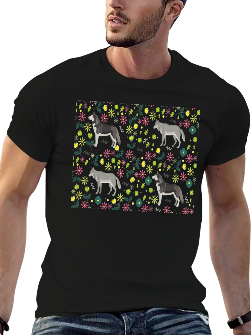 Wolf Floral Pattern T-Shirt