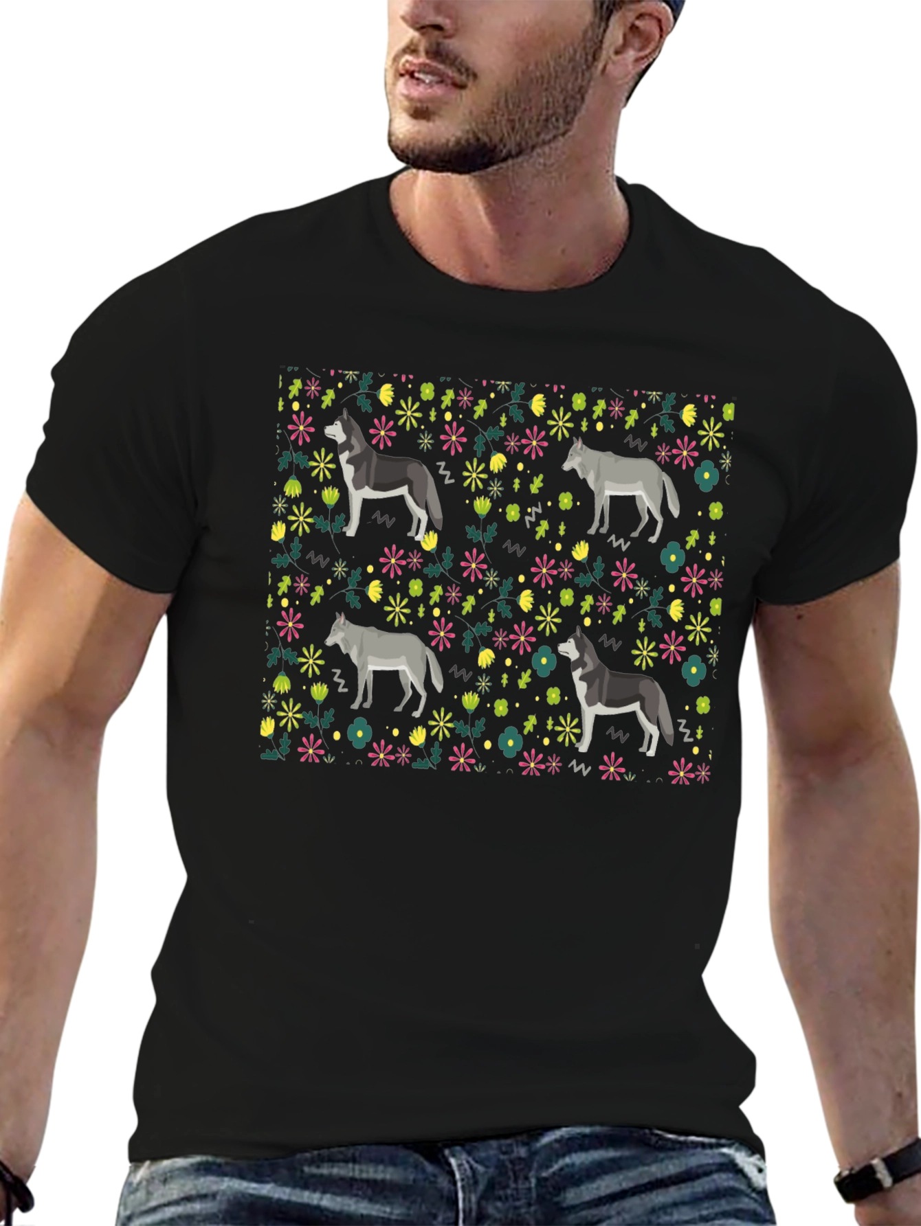 Wolf Floral Pattern T-Shirt