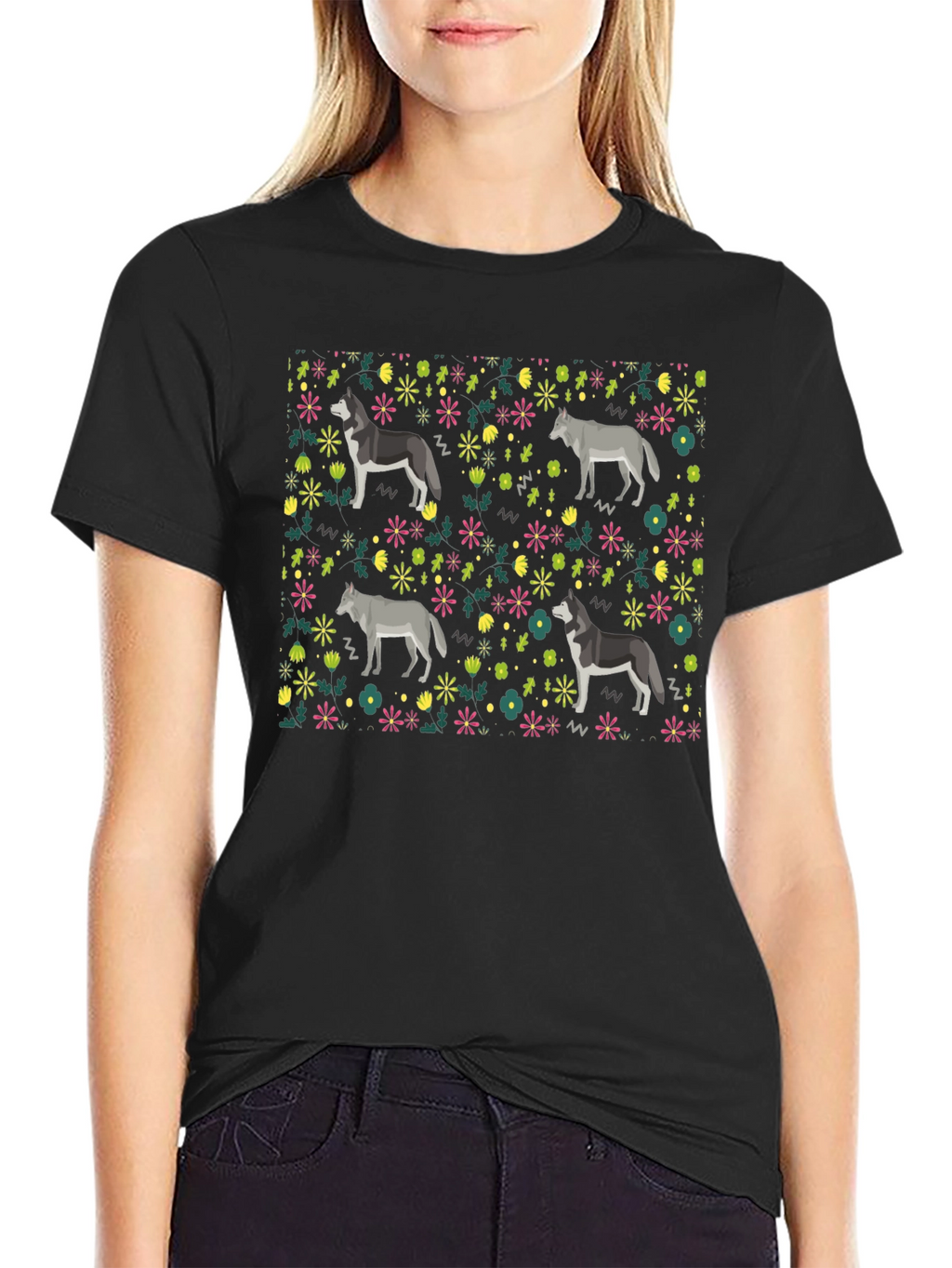 Wolf Floral Pattern T-Shirt