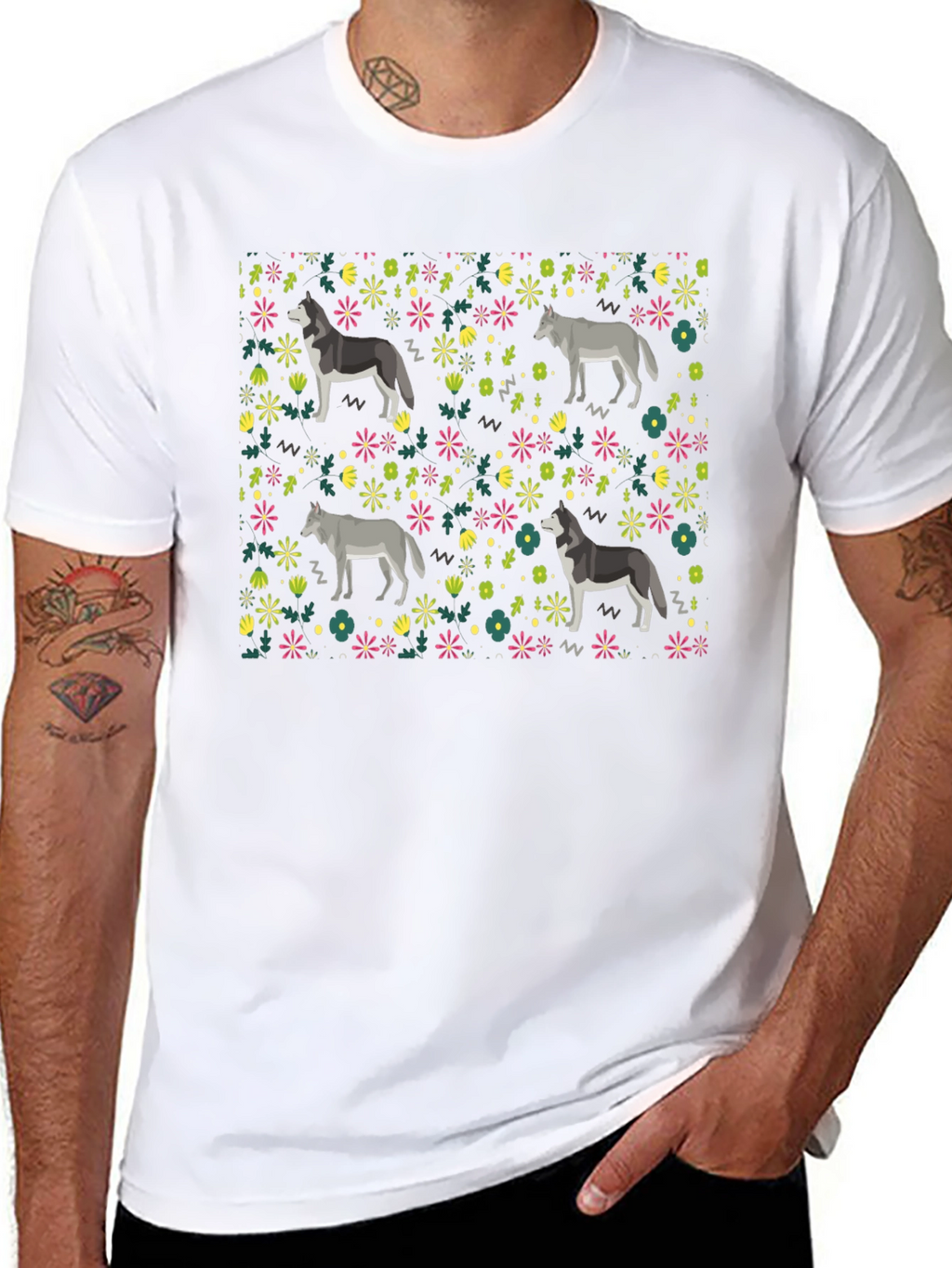Wolf Floral Pattern T-Shirt