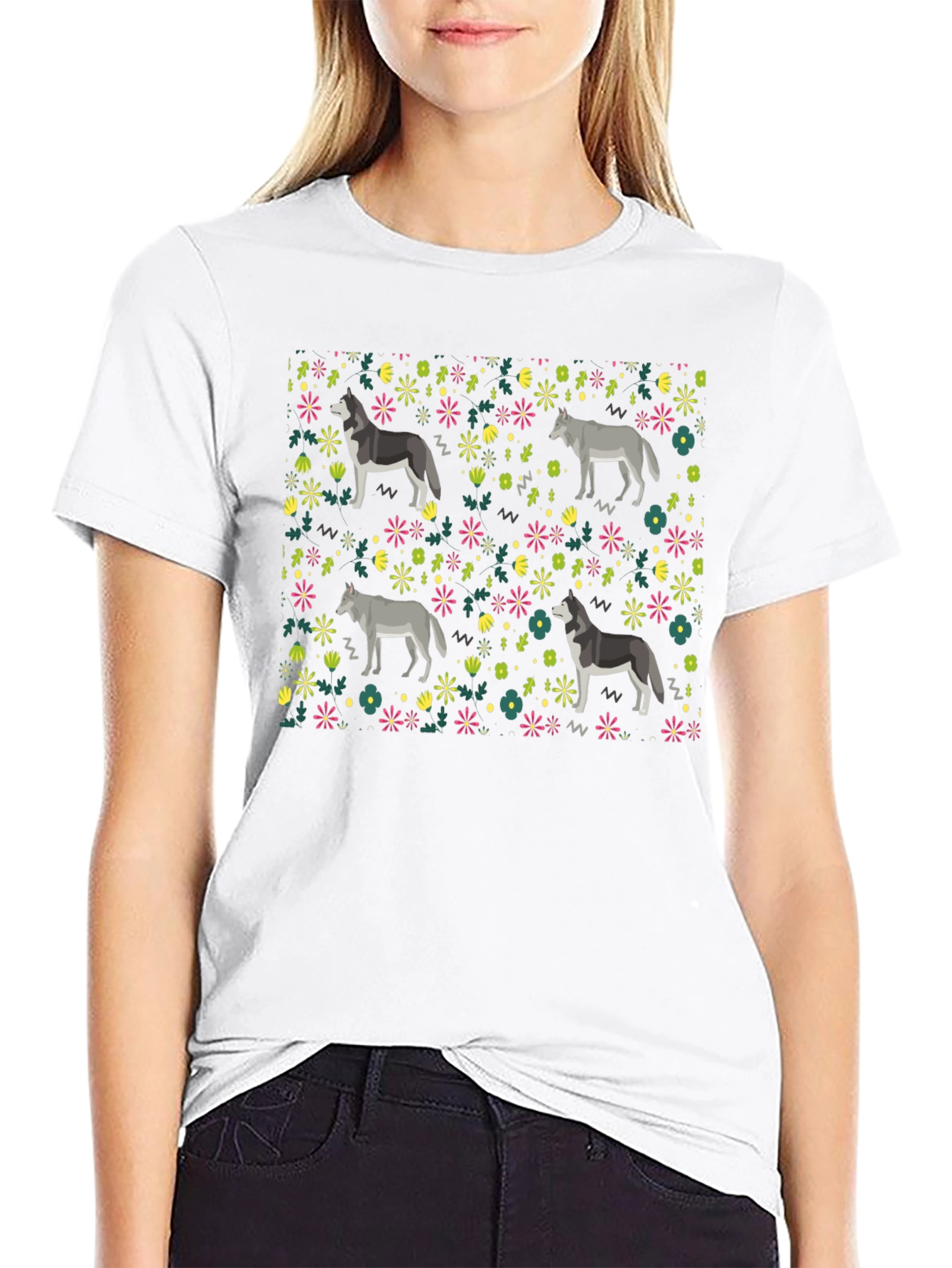 Wolf Floral Pattern T-Shirt