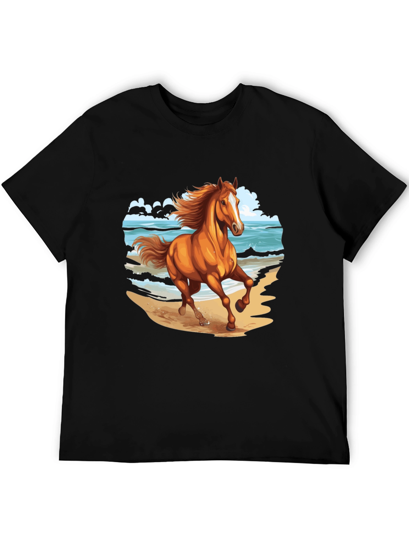 Horse on Beach Graphic Tee - Black Cotton Casual Shirt