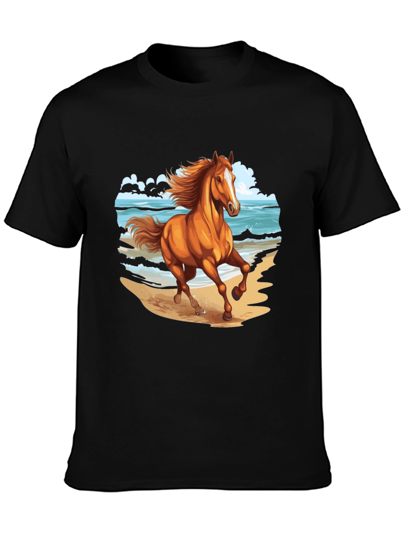 Horse on Beach Graphic Tee - Black Cotton Casual Shirt