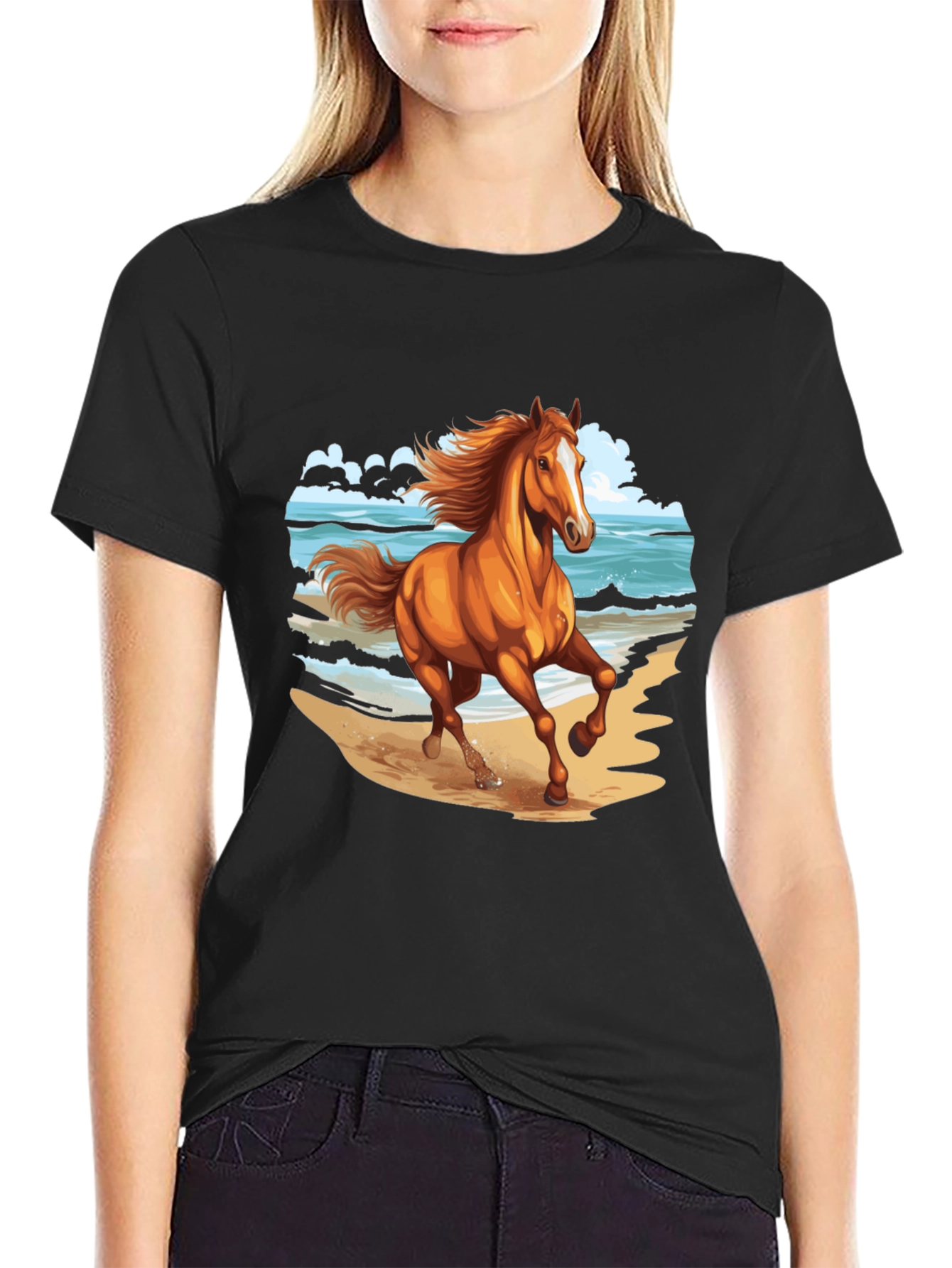 Horse on Beach Graphic Tee - Black Cotton Casual Shirt