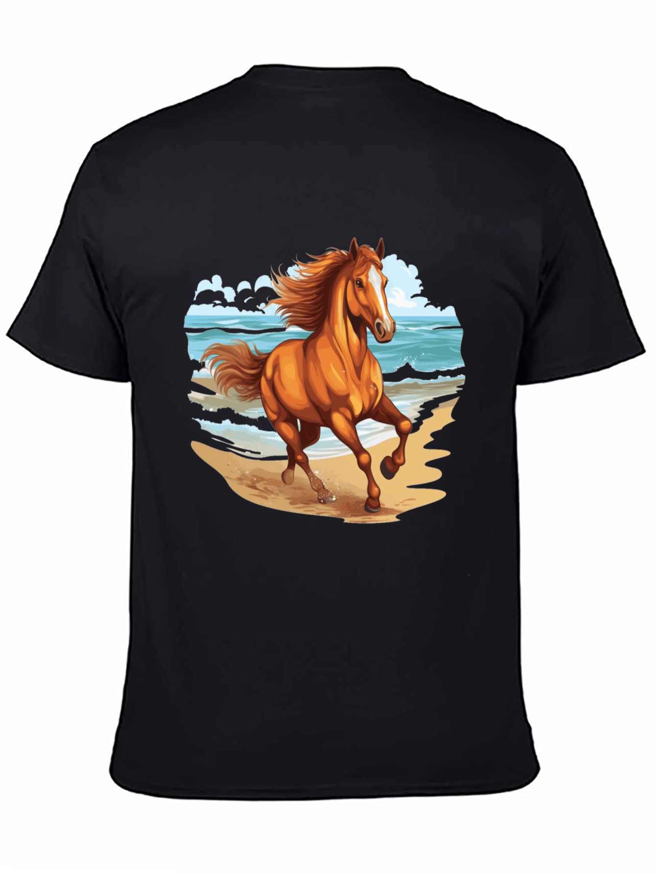 Horse on Beach Graphic Tee - Black Cotton Casual Shirt