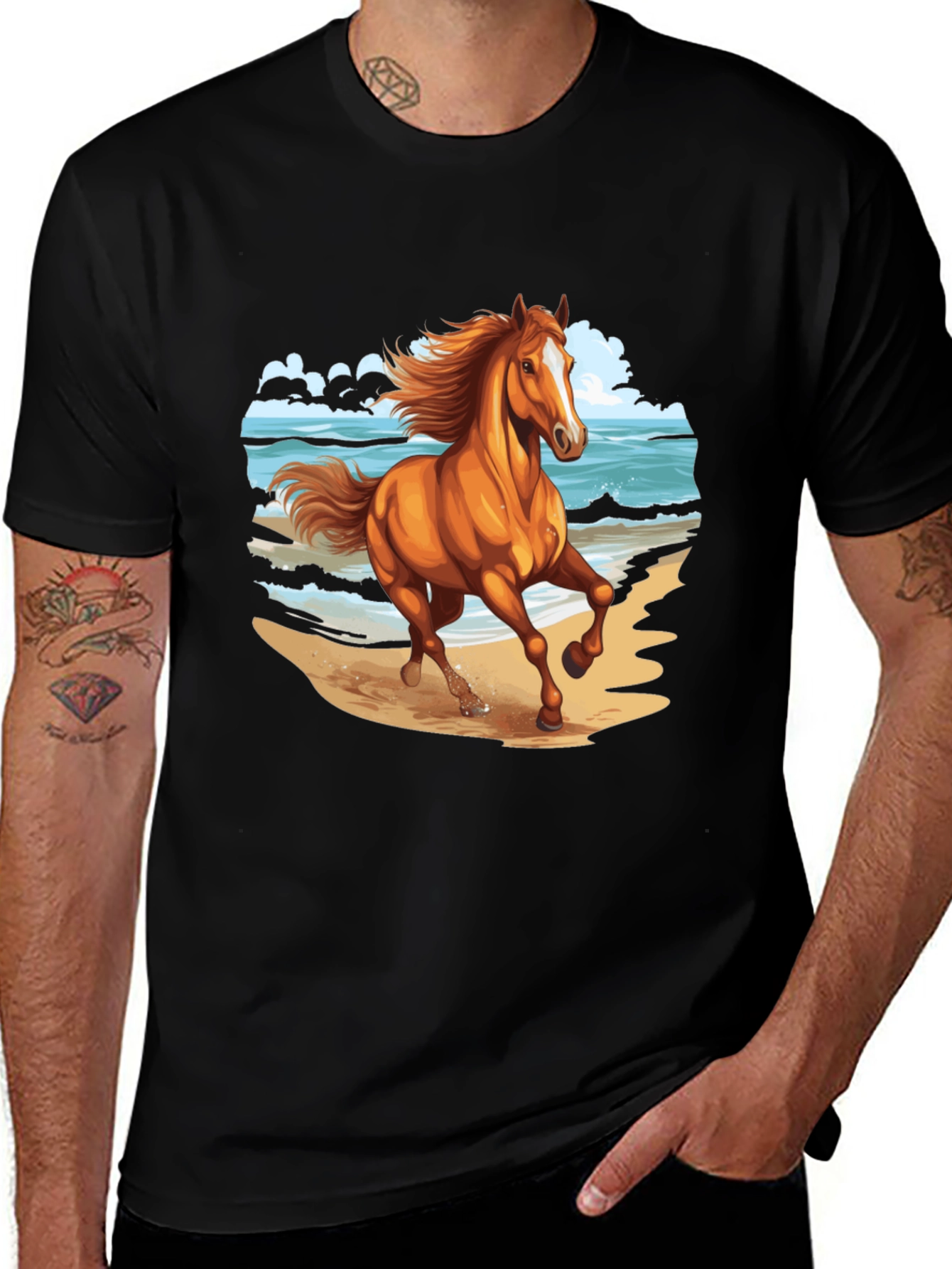 Horse on Beach Graphic Tee - Black Cotton Casual Shirt