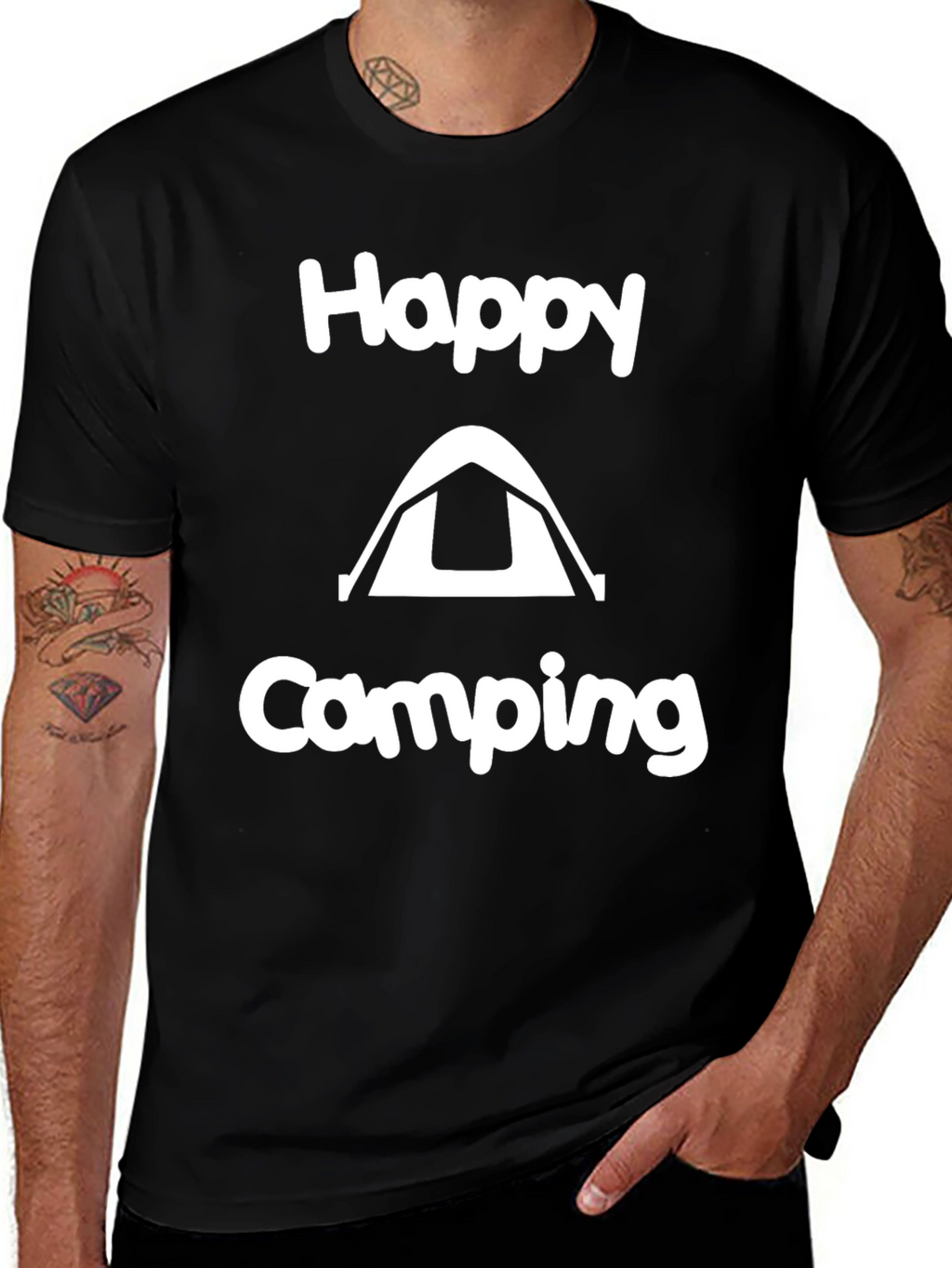 Happy Camping Graphic Tee - Black Cotton T-Shirt