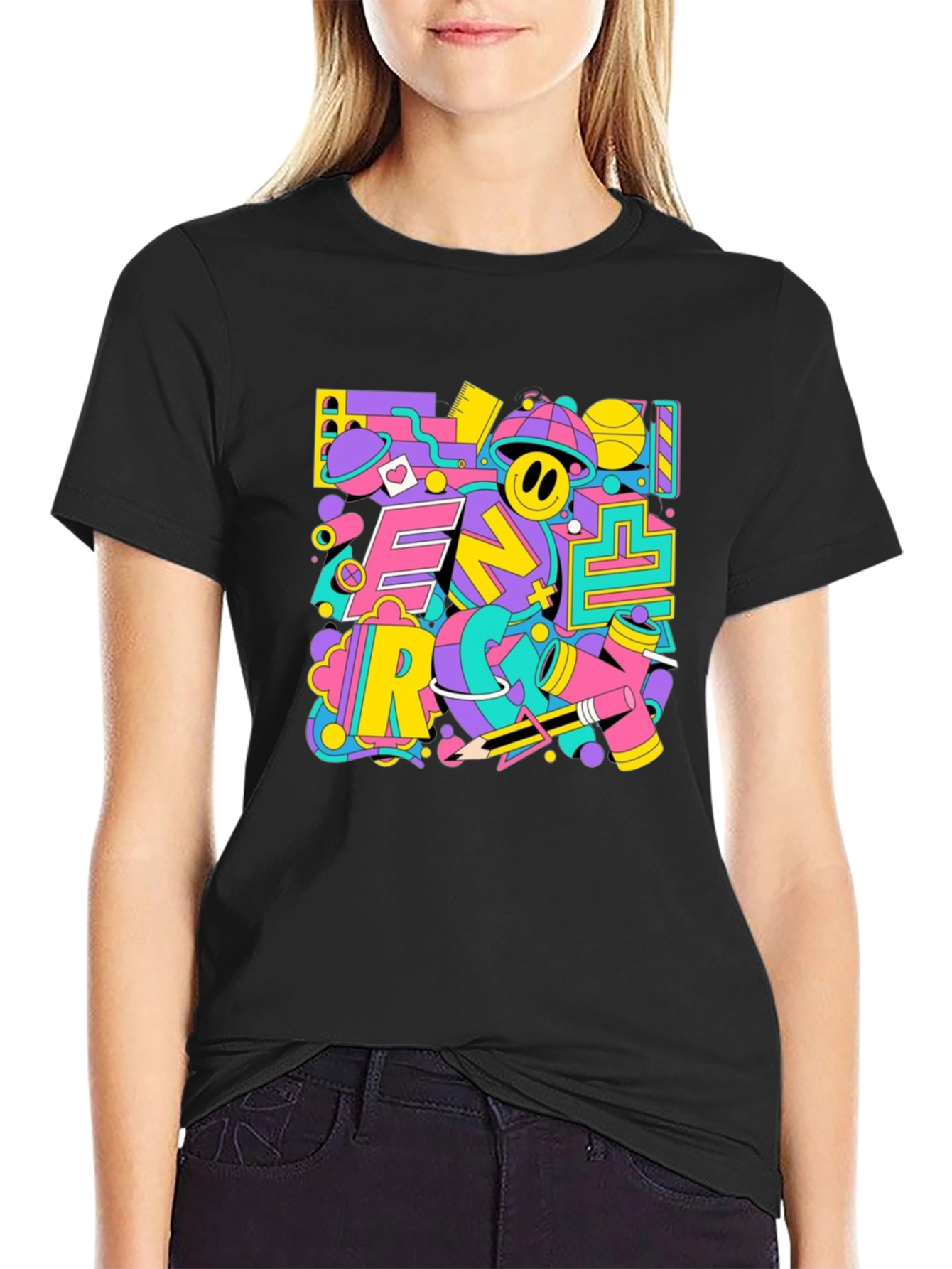 Funky Retro Graphic Print Black T-Shirt