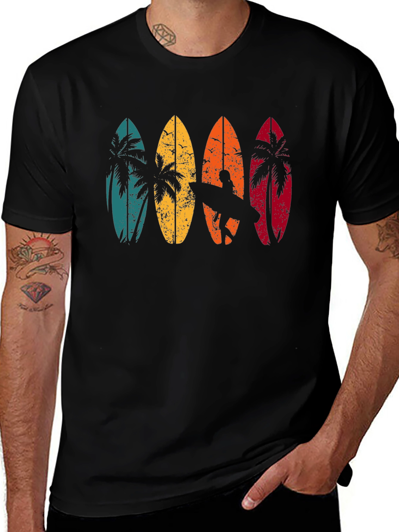 Retro Surfboard Palm Tree Graphic T-Shirt