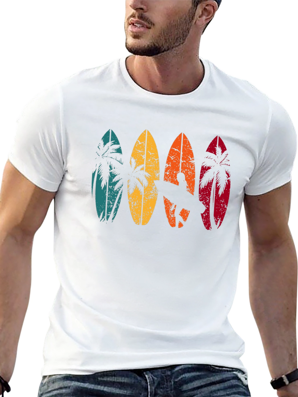 Retro Surfboard Palm Tree Graphic T-Shirt