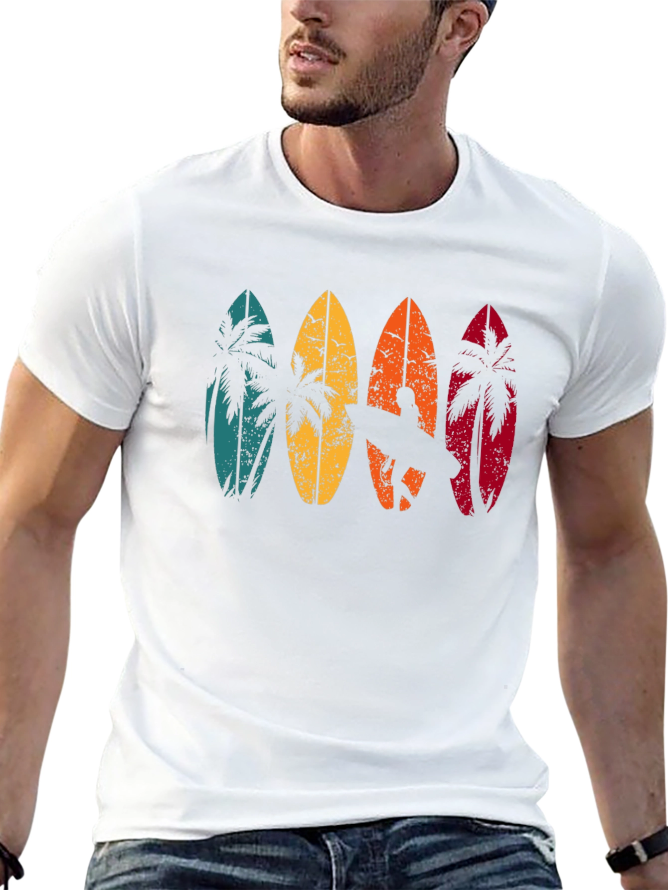Retro Surfboard Palm Tree Graphic T-Shirt