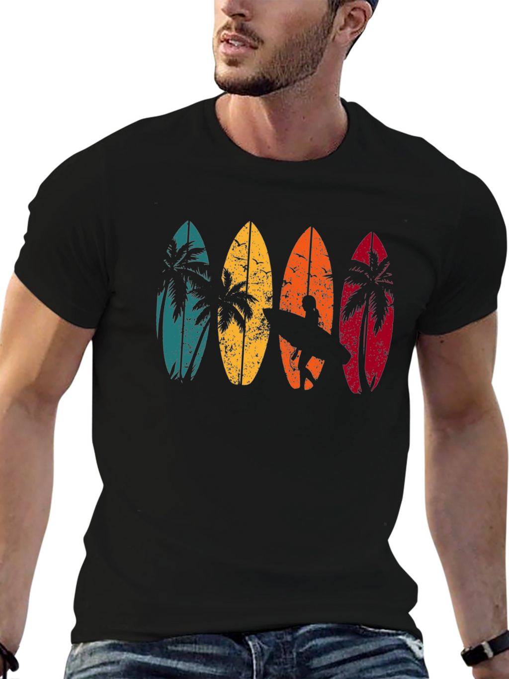 Retro Surfboard Palm Tree Graphic T-Shirt