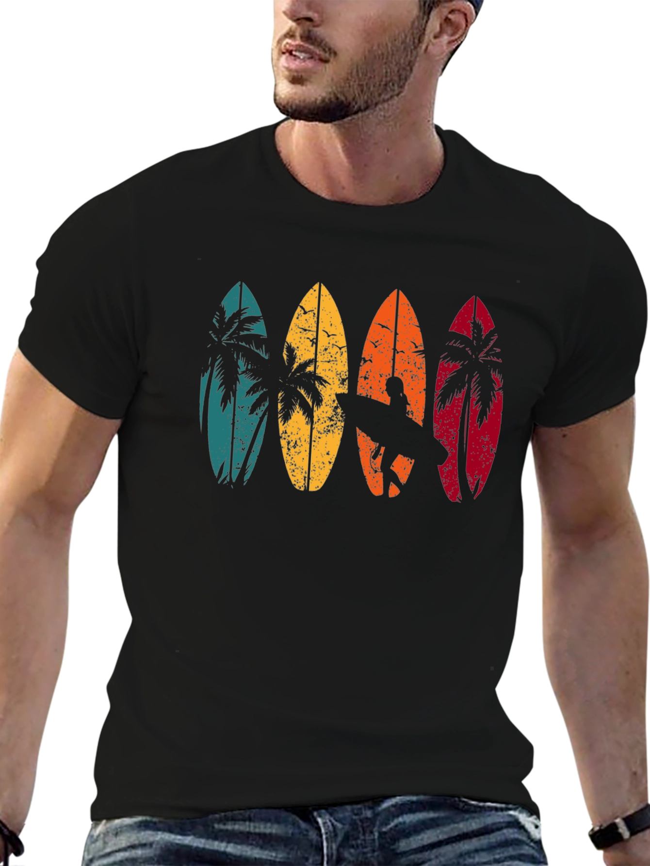 Retro Surfboard Palm Tree Graphic T-Shirt