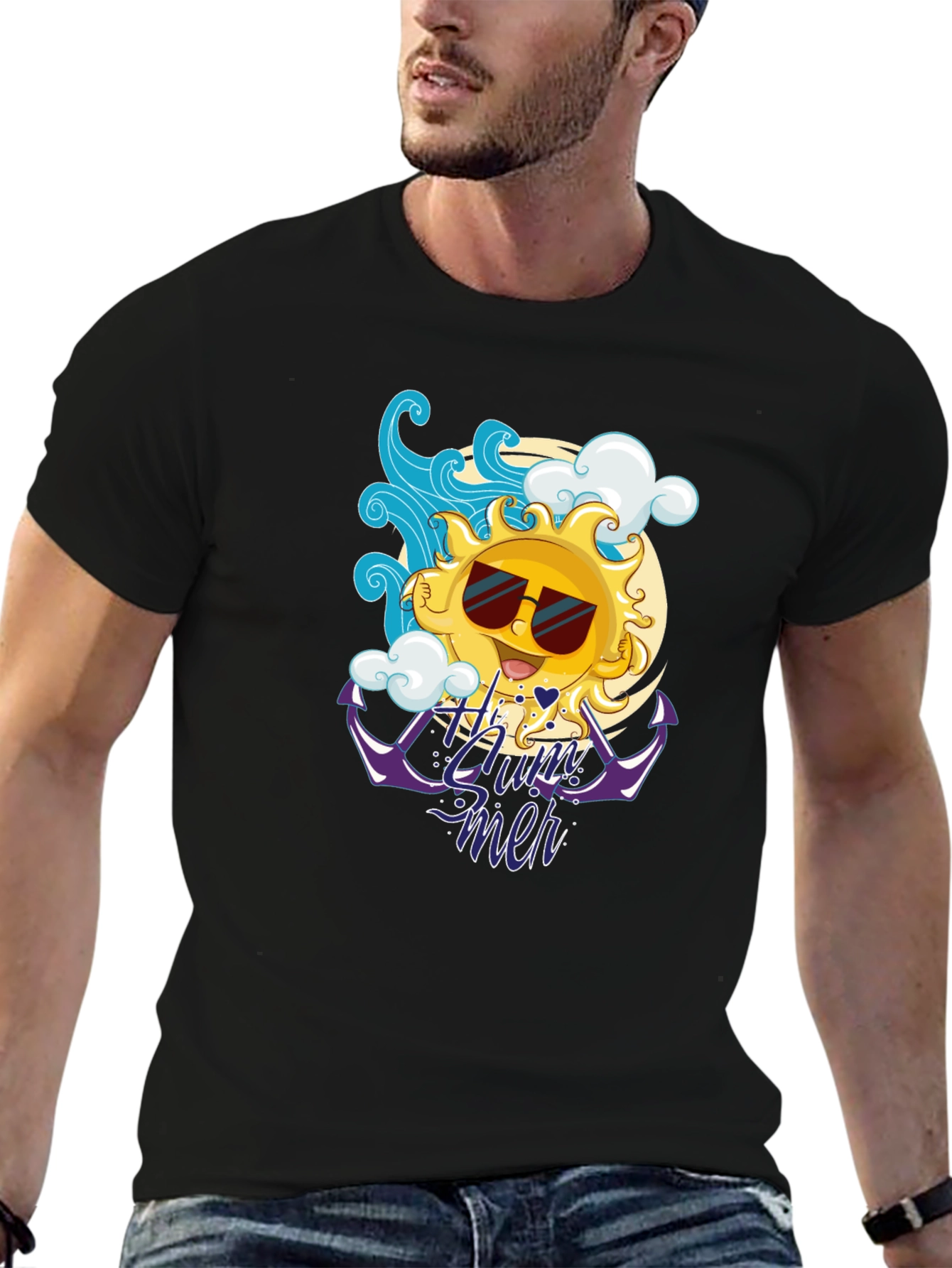 Summer Vibes Black T-Shirt - Cool Sun Design