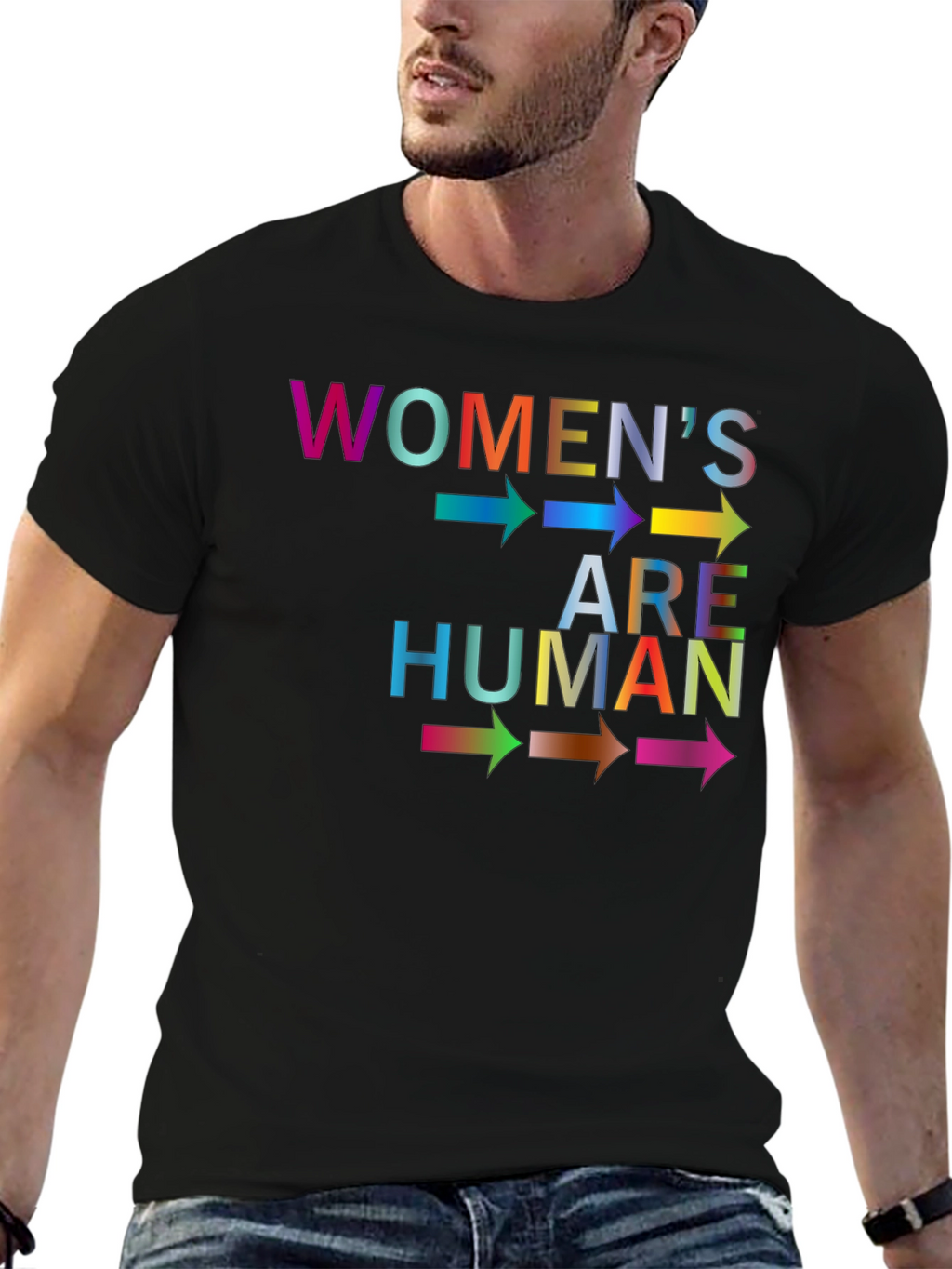 Womens are Human T-Shirt - Rainbow Text Graphic