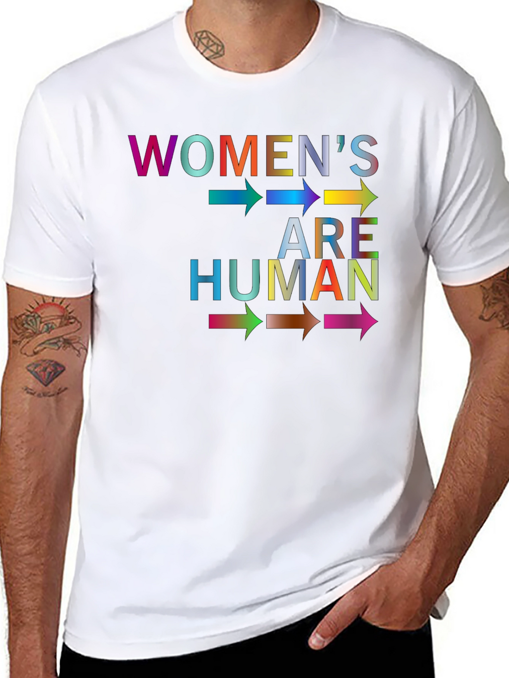 Womens are Human T-Shirt - Rainbow Text Graphic