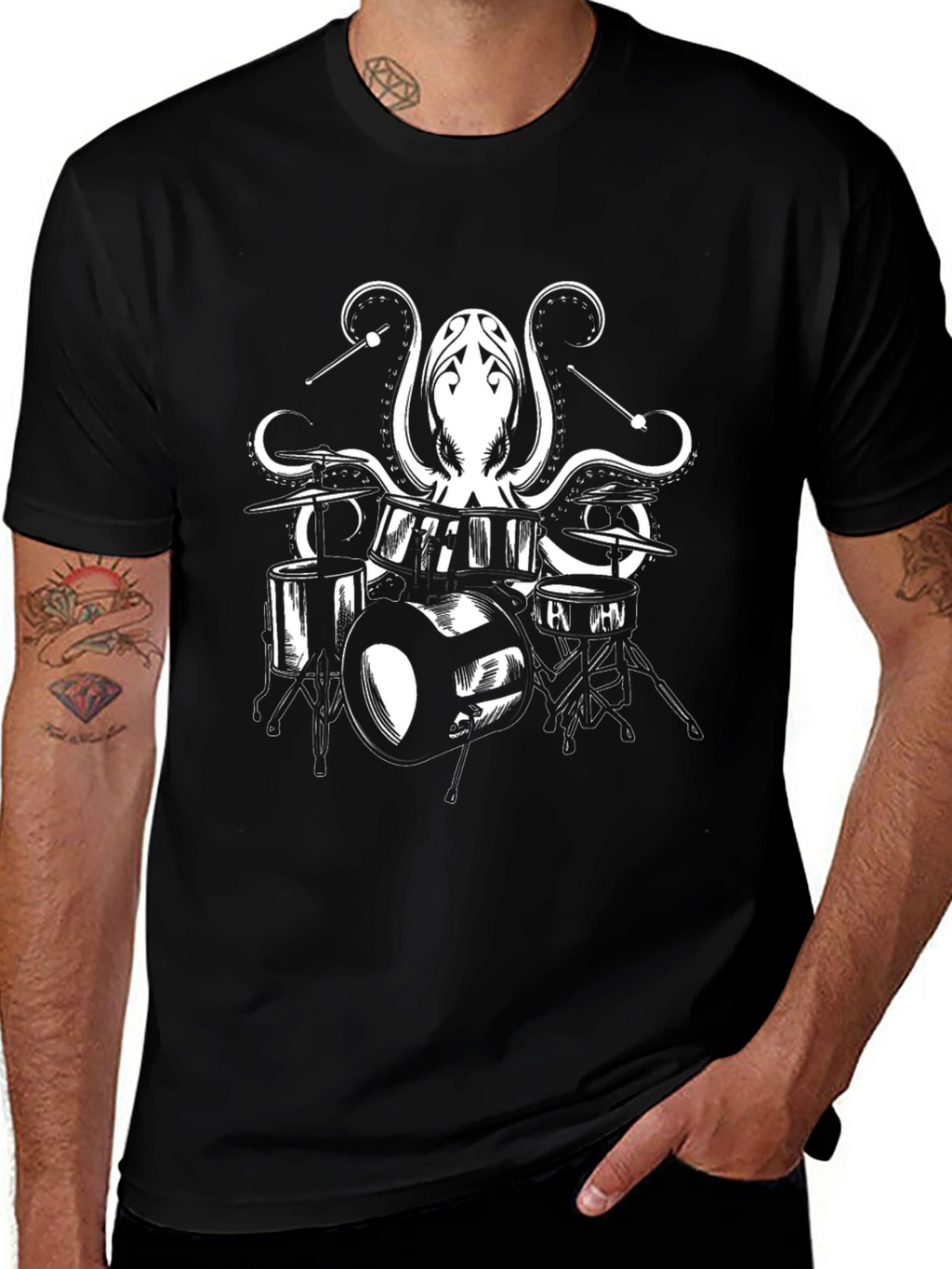 Octopus Drummer Graphic Tee - Black Cotton T-Shirt
