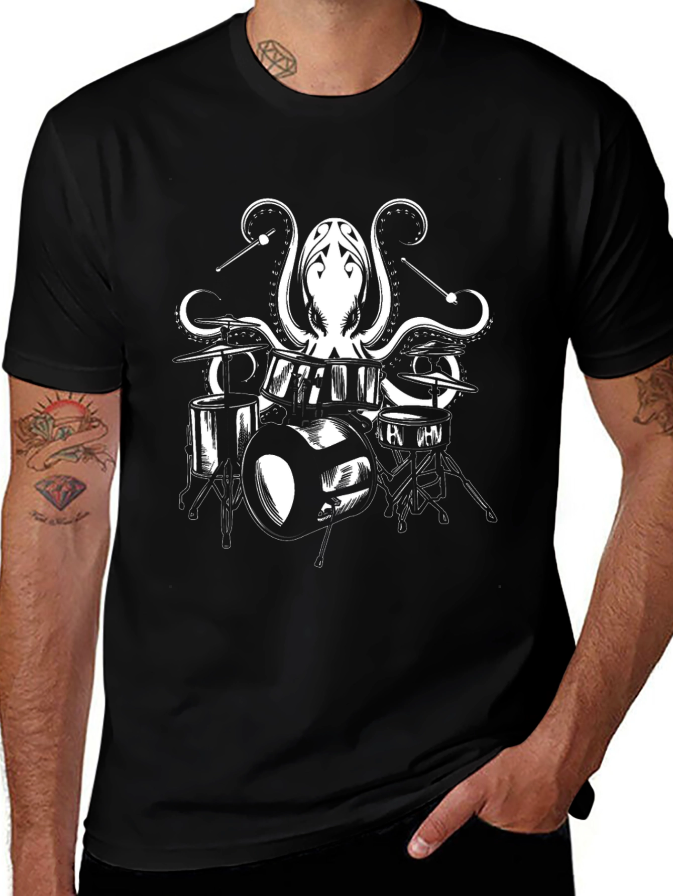 Octopus Drummer Graphic Tee - Black Cotton T-Shirt