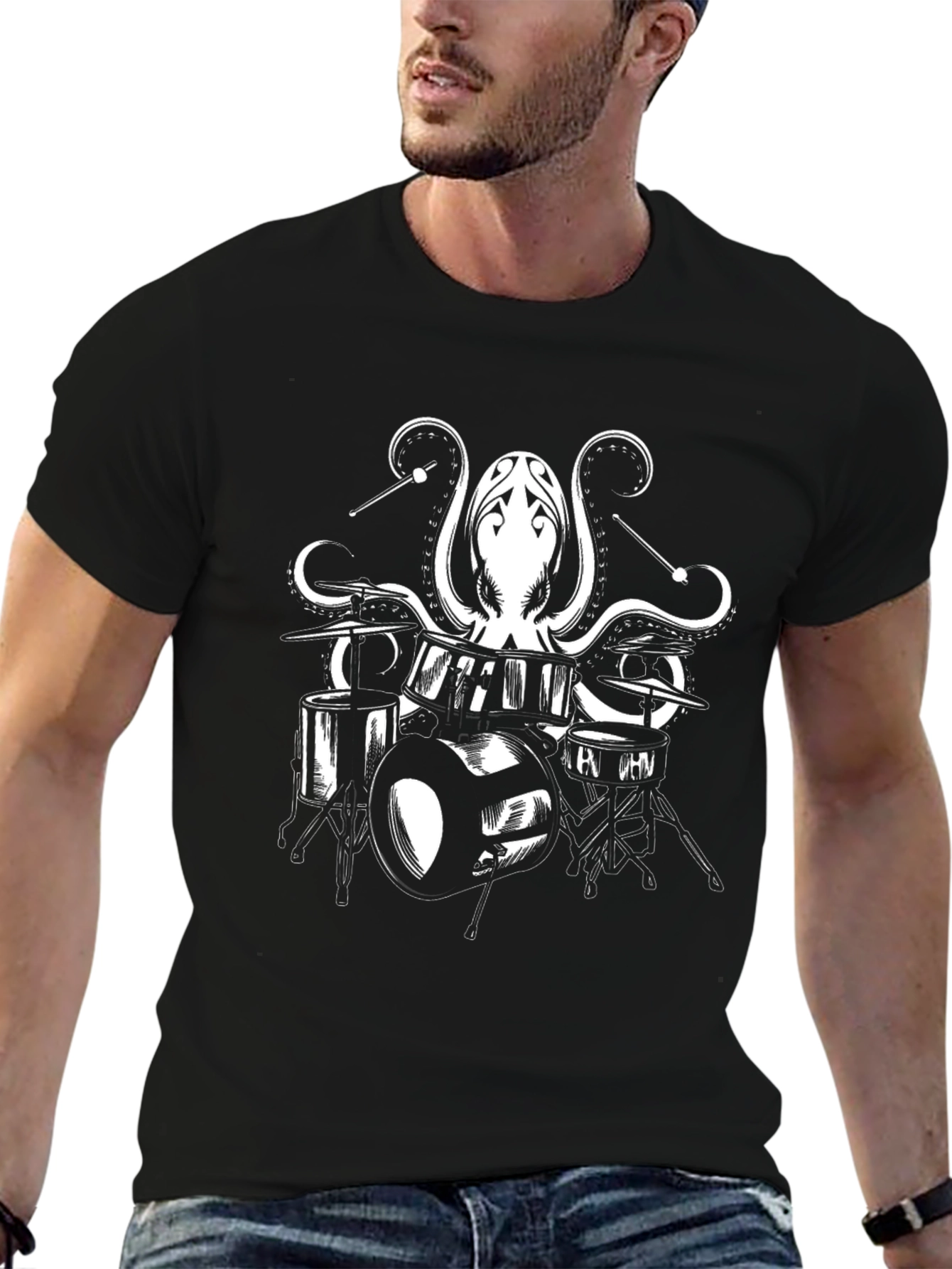 Octopus Drummer Graphic Tee - Black Cotton T-Shirt
