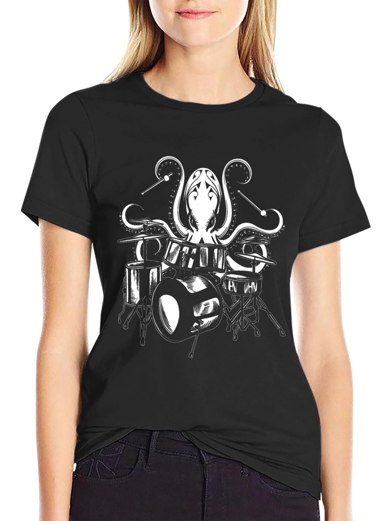 Octopus Drummer Graphic Tee - Black Cotton T-Shirt