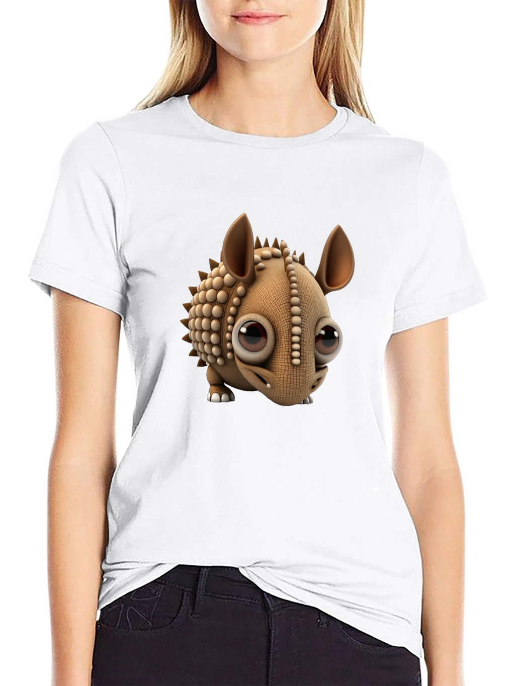 Cartoon Armadillo Graphic Tee - Black Crew Neck