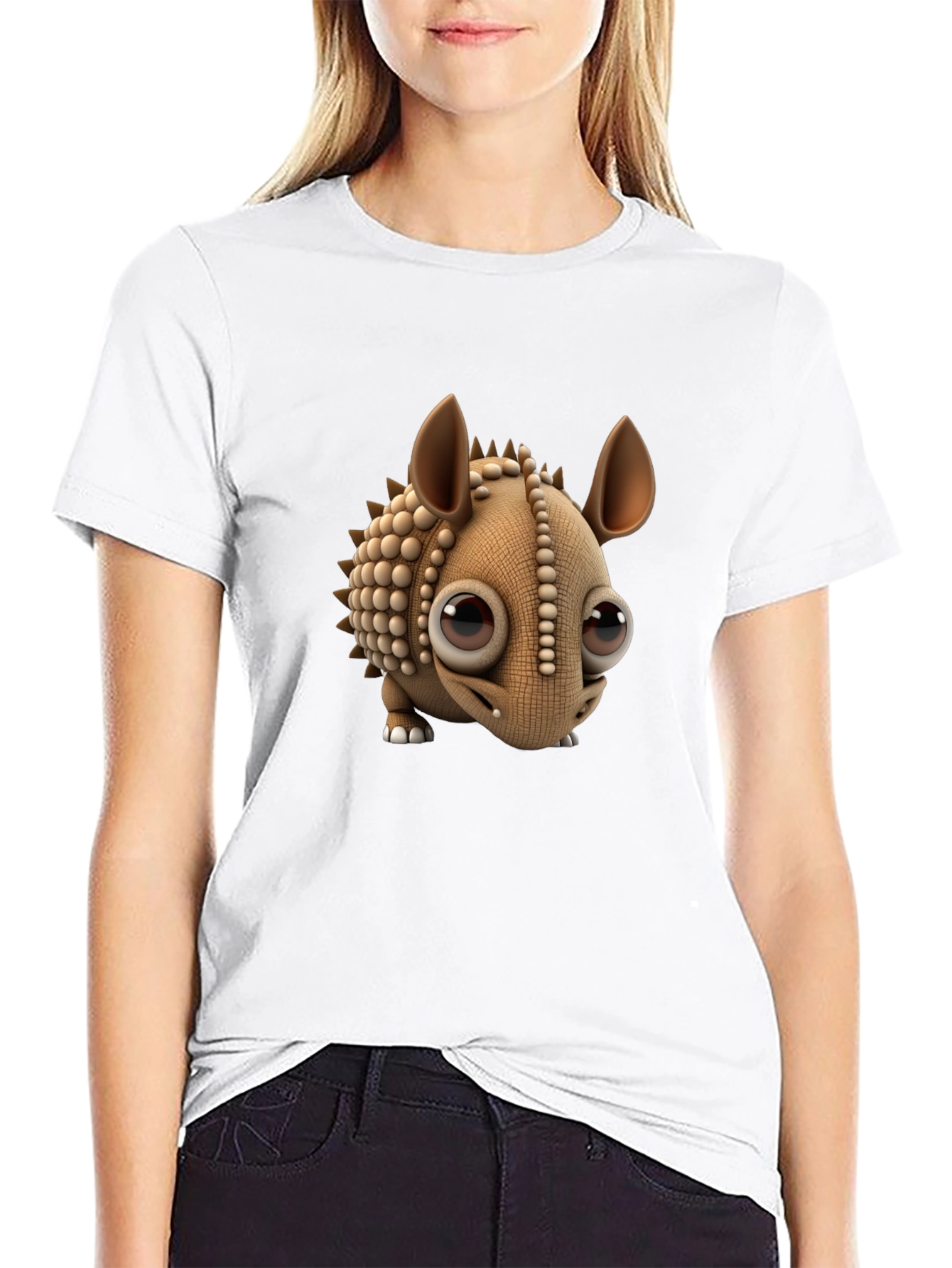 Cartoon Armadillo Graphic Tee - Black Crew Neck