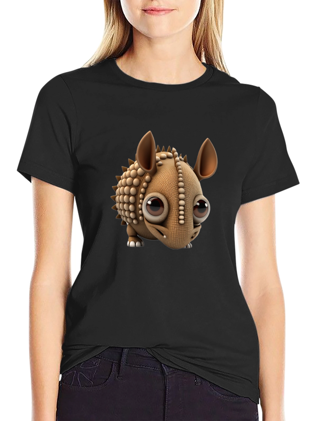 Cartoon Armadillo Graphic Tee - Black Crew Neck
