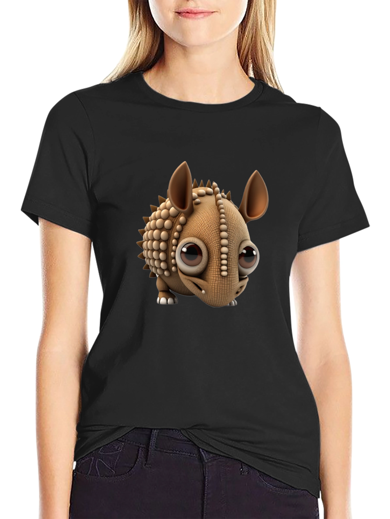 Cartoon Armadillo Graphic Tee - Black Crew Neck