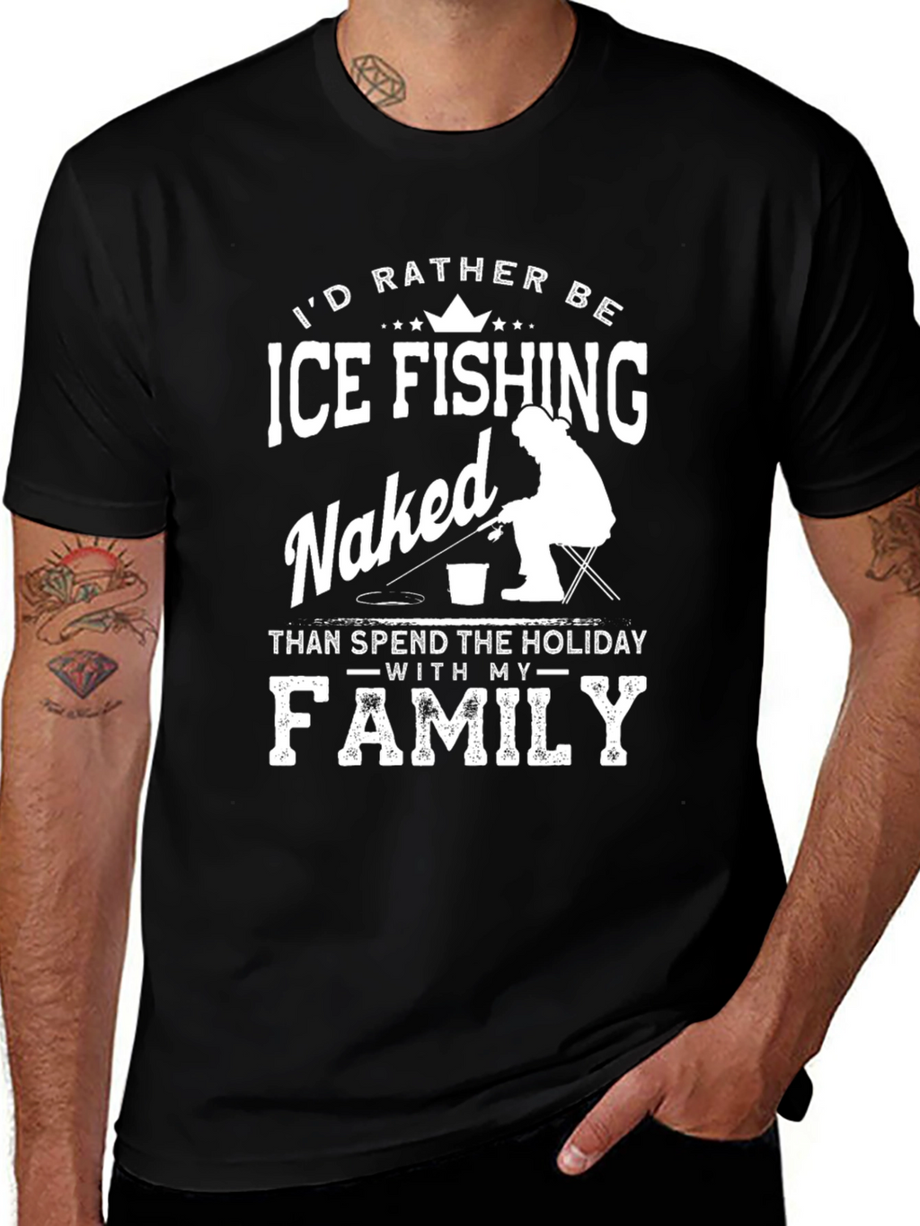 Funny Ice Fishing Naked T-Shirt for Men