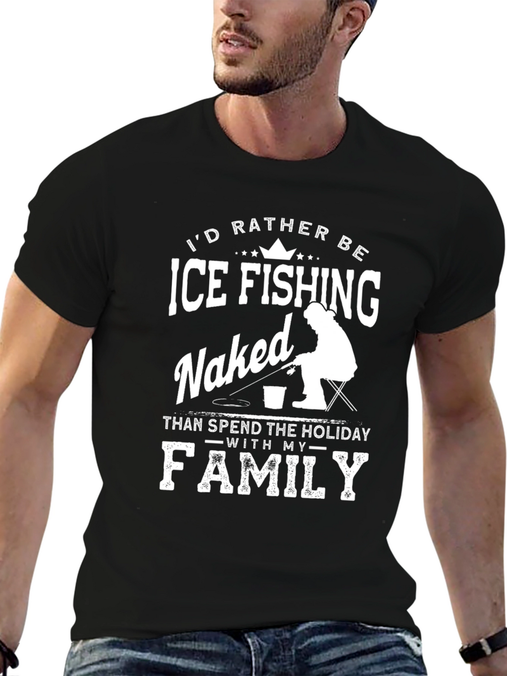 Funny Ice Fishing Naked T-Shirt for Men