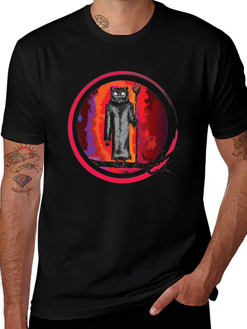 Wizard Owl Graphic Tee - Black Cotton Shirt