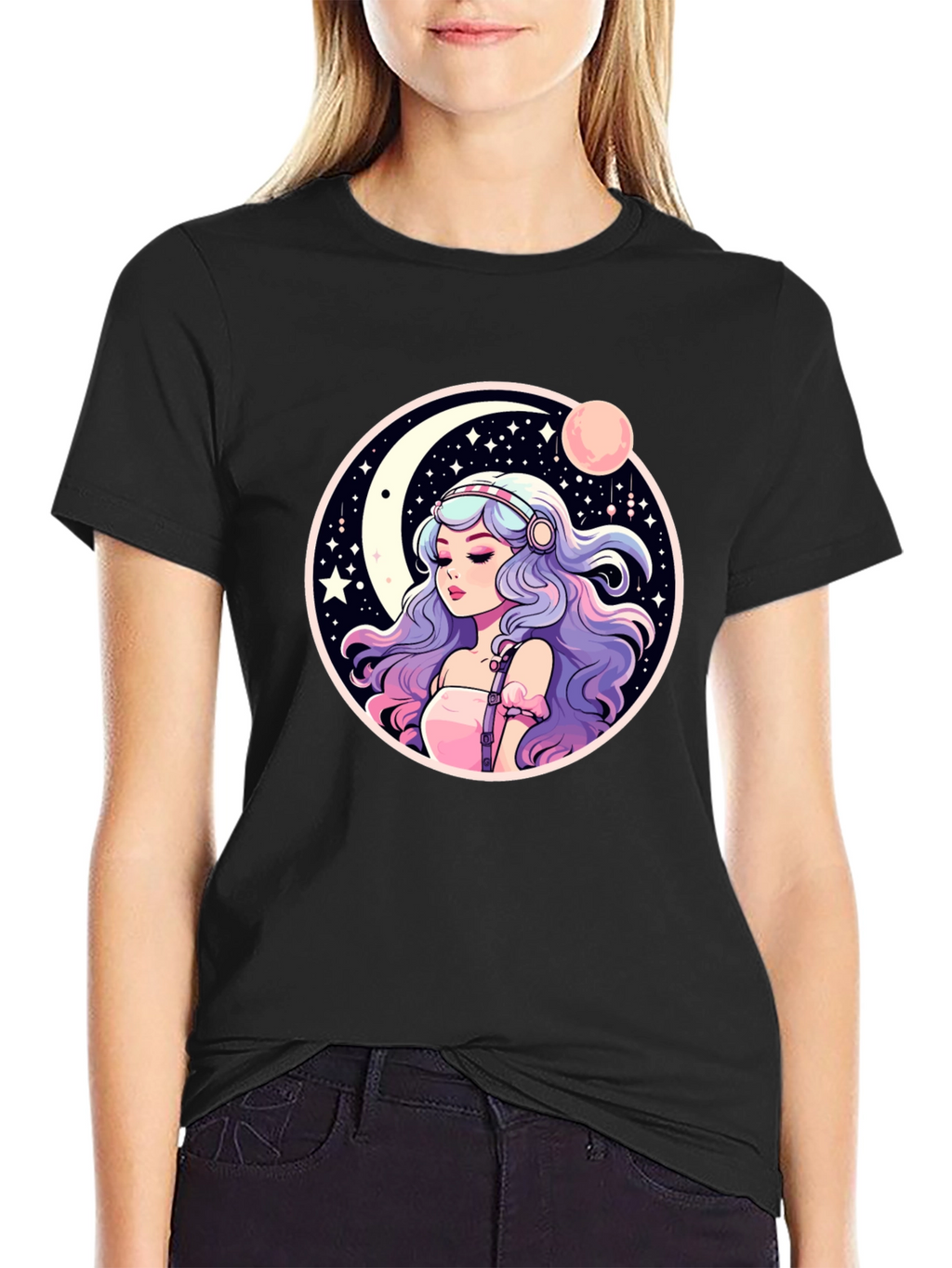 Anime Girl Moon & Stars Graphic Tee